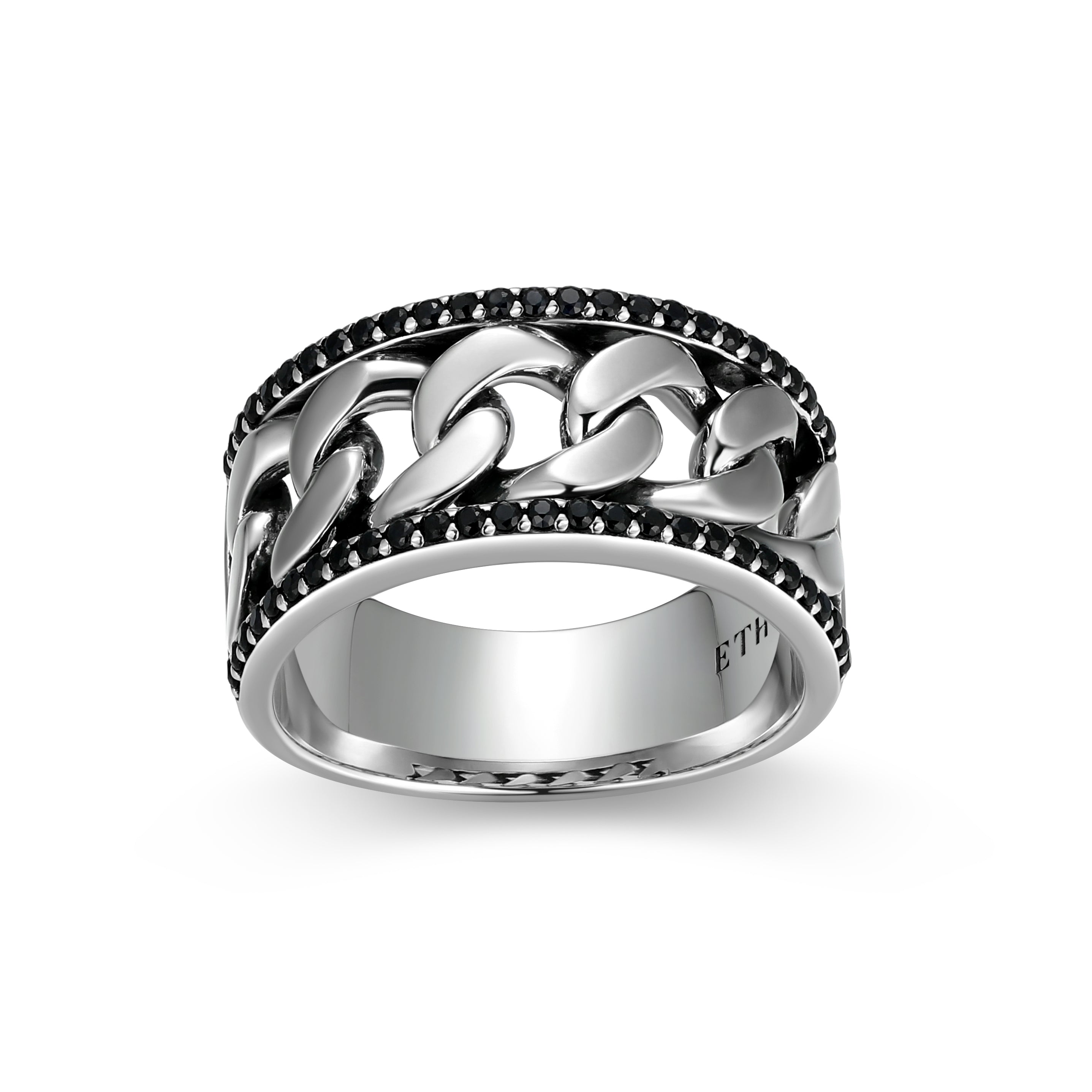 UR0082 - Links Genuine Black Sapphire Framed Cuban Chain Band Ring in Oxidized Rhodium - Plated Sterling Silver