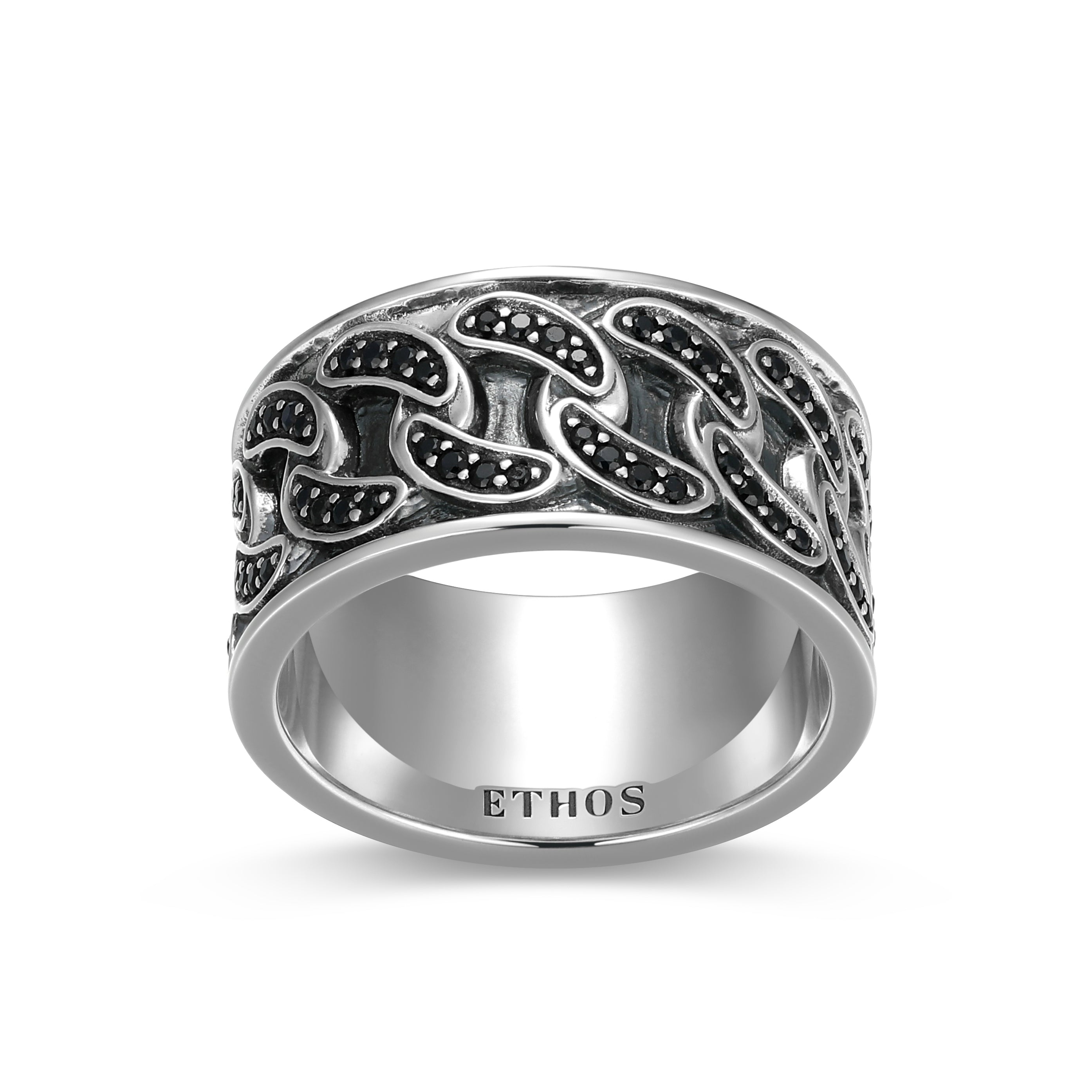 UR0083 - Links Genuine Black Sapphire Pave Cuban Chain Band Ring in Oxidized Rhodium - Plated Sterling Silver
