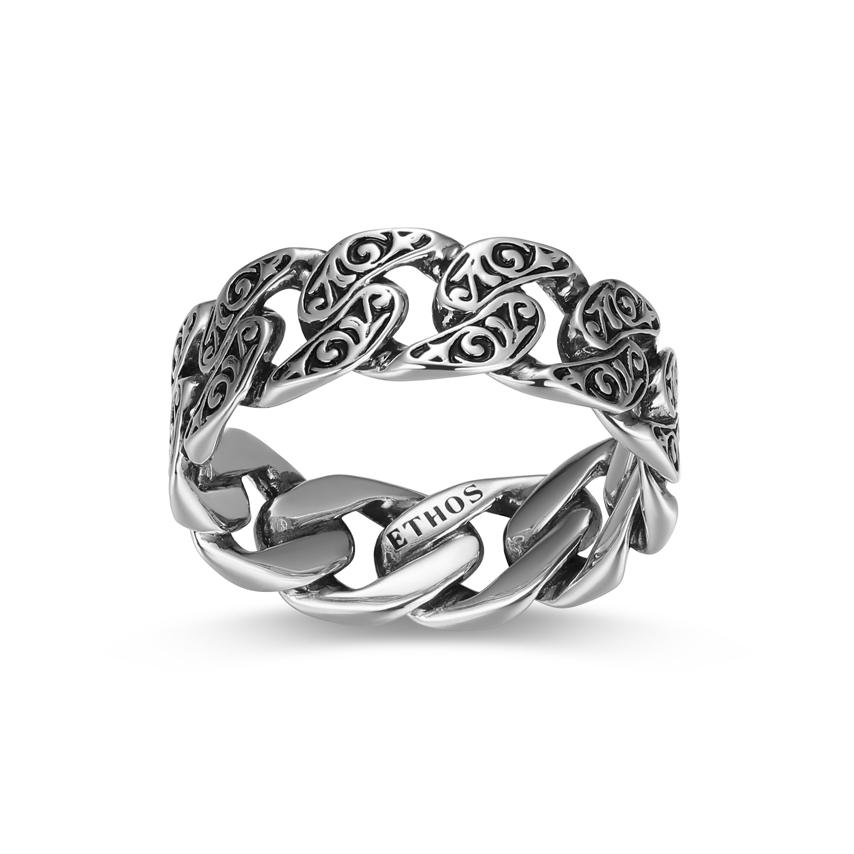 UR0085 - Chisel Classic Cuban Link Chain Band Ring in Oxidized Rhodium - Plated Sterling Silver