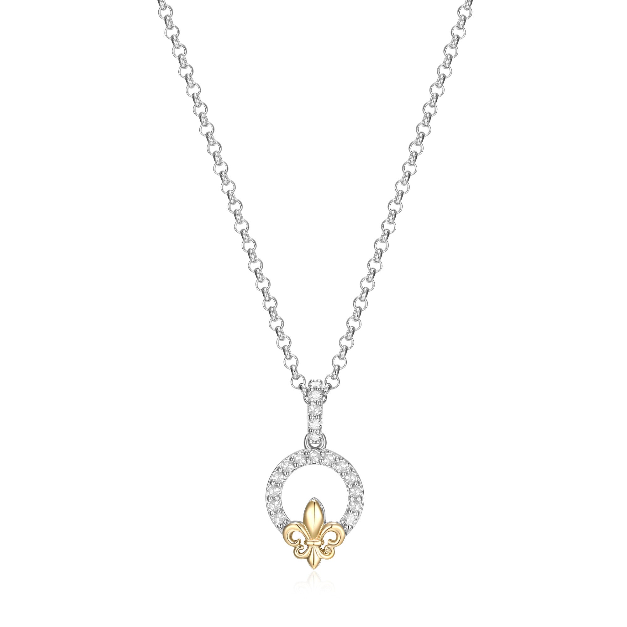 Sterling Silver And 14Kt Yellow Gold Touch Of Gold  1/10 Ct. T.W. Diamond Fleur De Lis  Necklace 17"+2" Rhodium Finish