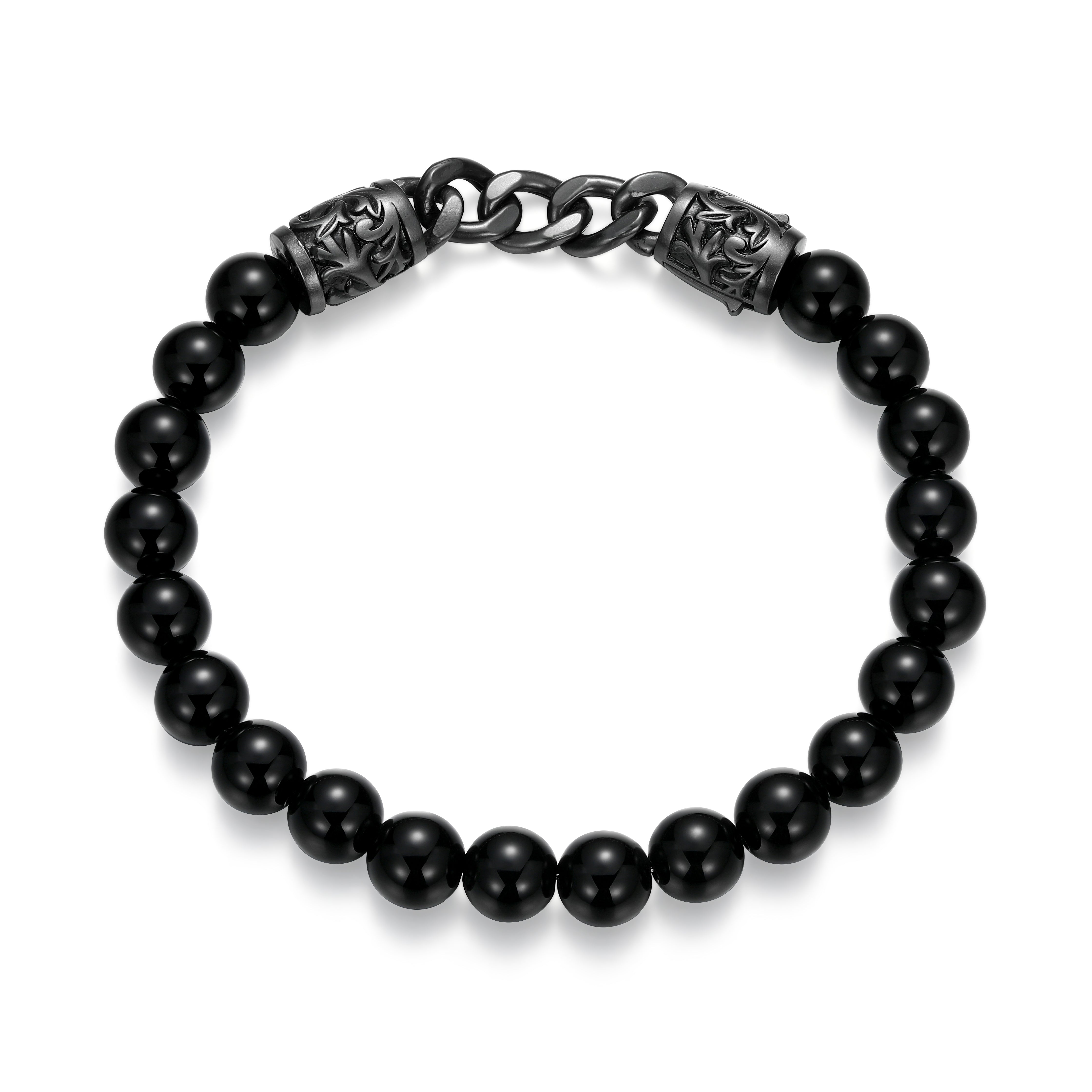 UB0097 - Dark Reign Chisel Rondelle Cuban Chain Black Agate Beaded Bracelet in Gunmetal - Plated Sterling Silver