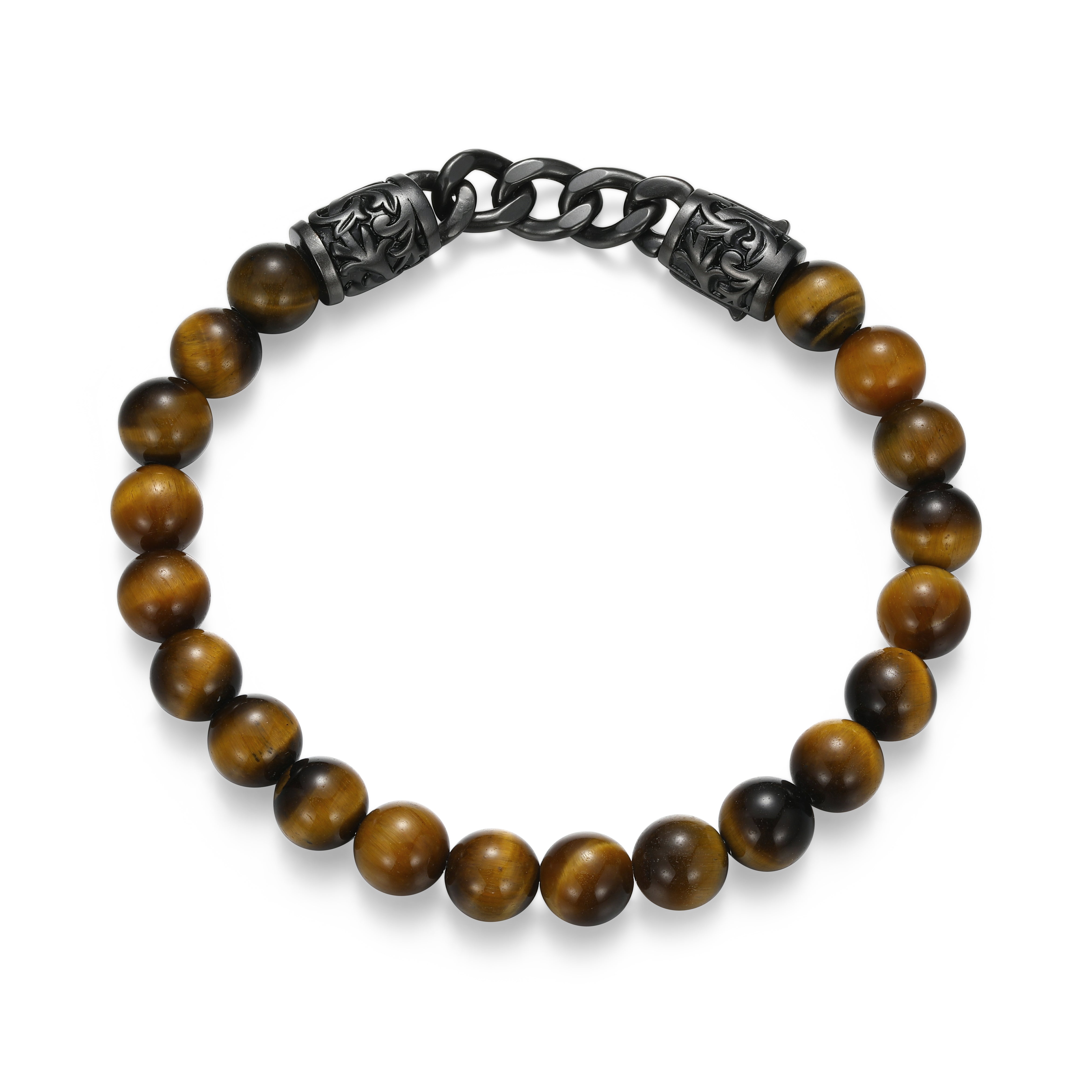 UB0098 - Dark Reign Chisel Rondelle Cuban Chain Tiger's Eye Beaded Bracelet in Gunmetal - Plated Sterling Silver