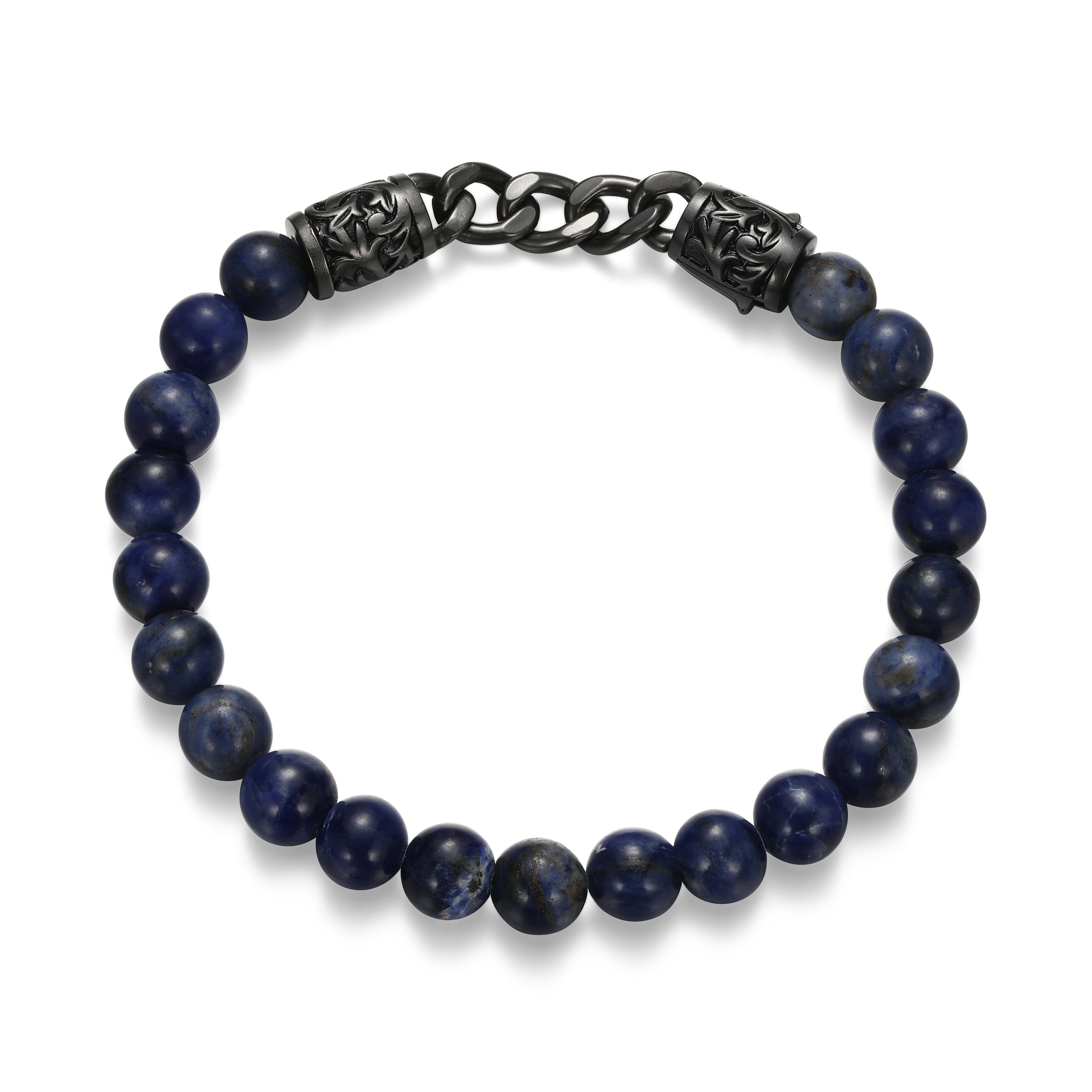 UB0099 - Dark Reign Chisel Rondelle Cuban Chain Sodalite Beaded Bracelet in Gunmetal - Plated Sterling Silver