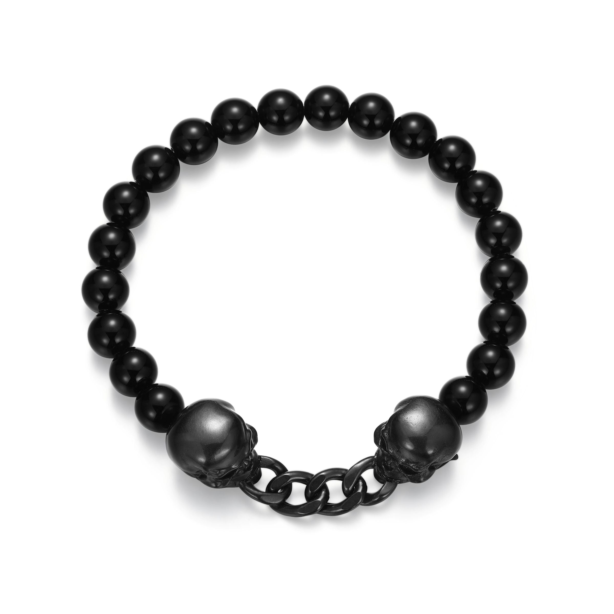 UB0100 - Dark Reign Skull Rondelle Cuban Chain Black Agate Beaded Bracelet in Gunmetal - Plated Sterling Silver
