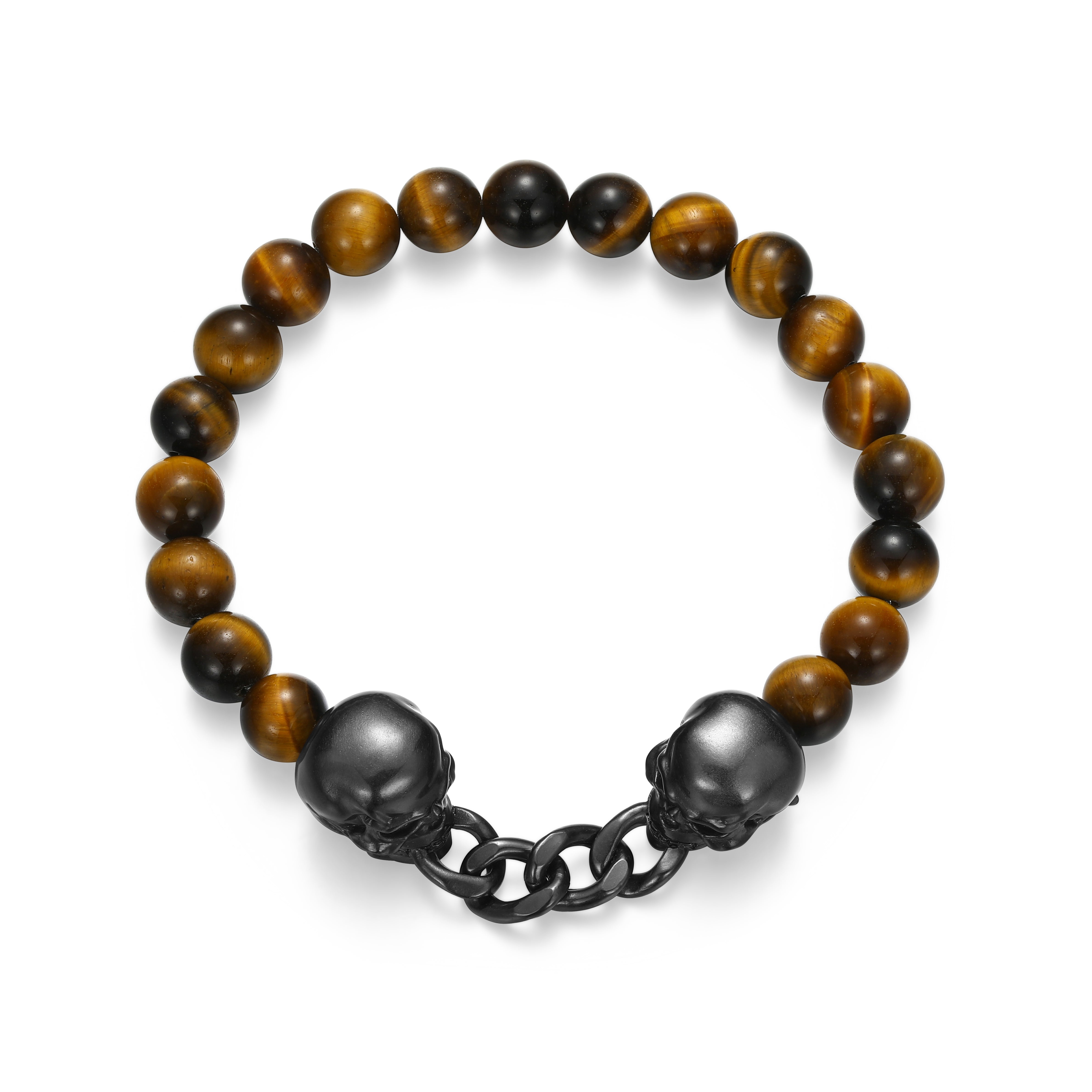 UB0101 - Dark Reign Skull Rondelle Cuban Chain Tiger's Eye Beaded Bracelet in Gunmetal - Plated Sterling Silver