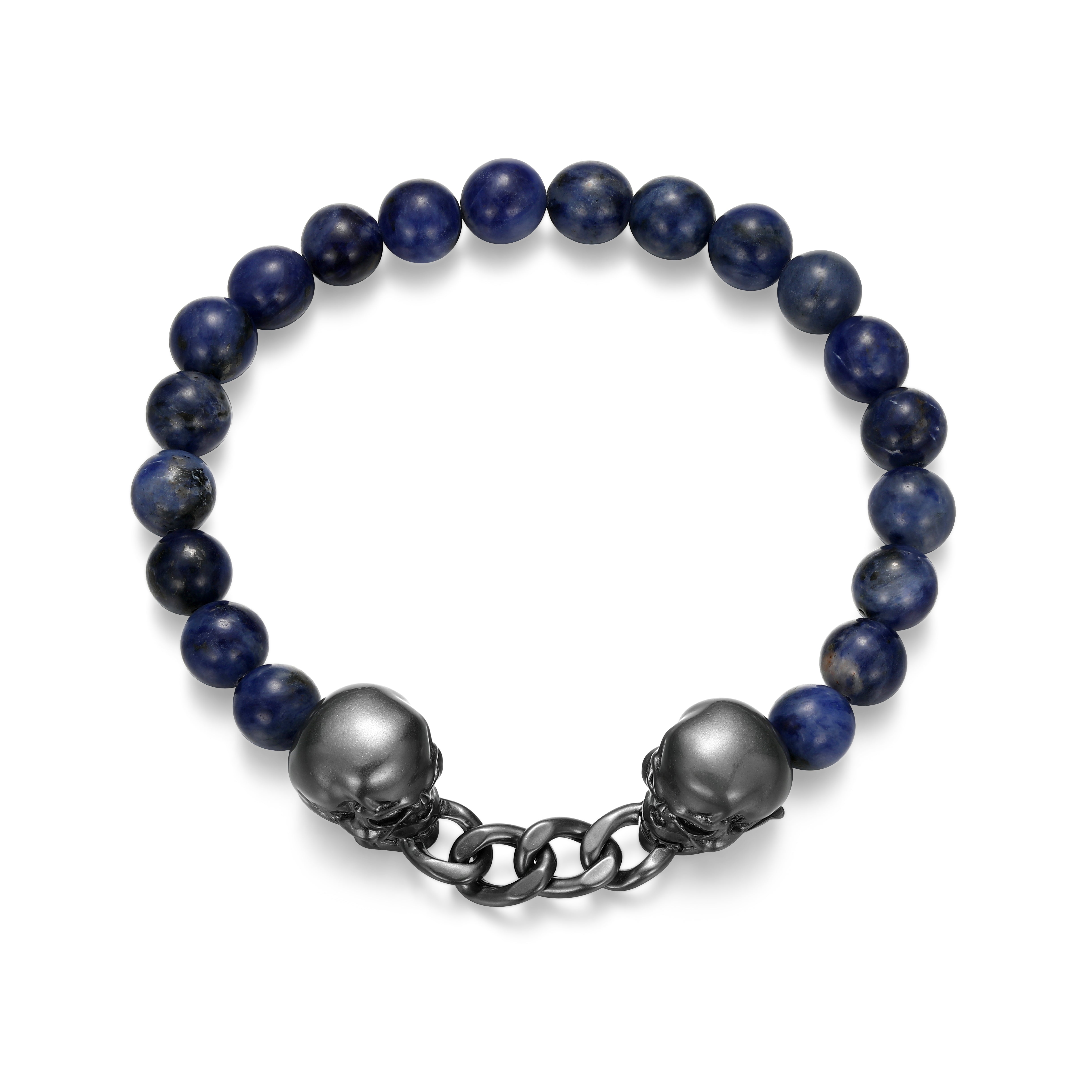 UB0102 - Dark Reign Skull Rondelle Cuban Chain Sodalite Beaded Bracelet in Gunmetal - Plated Sterling Silver