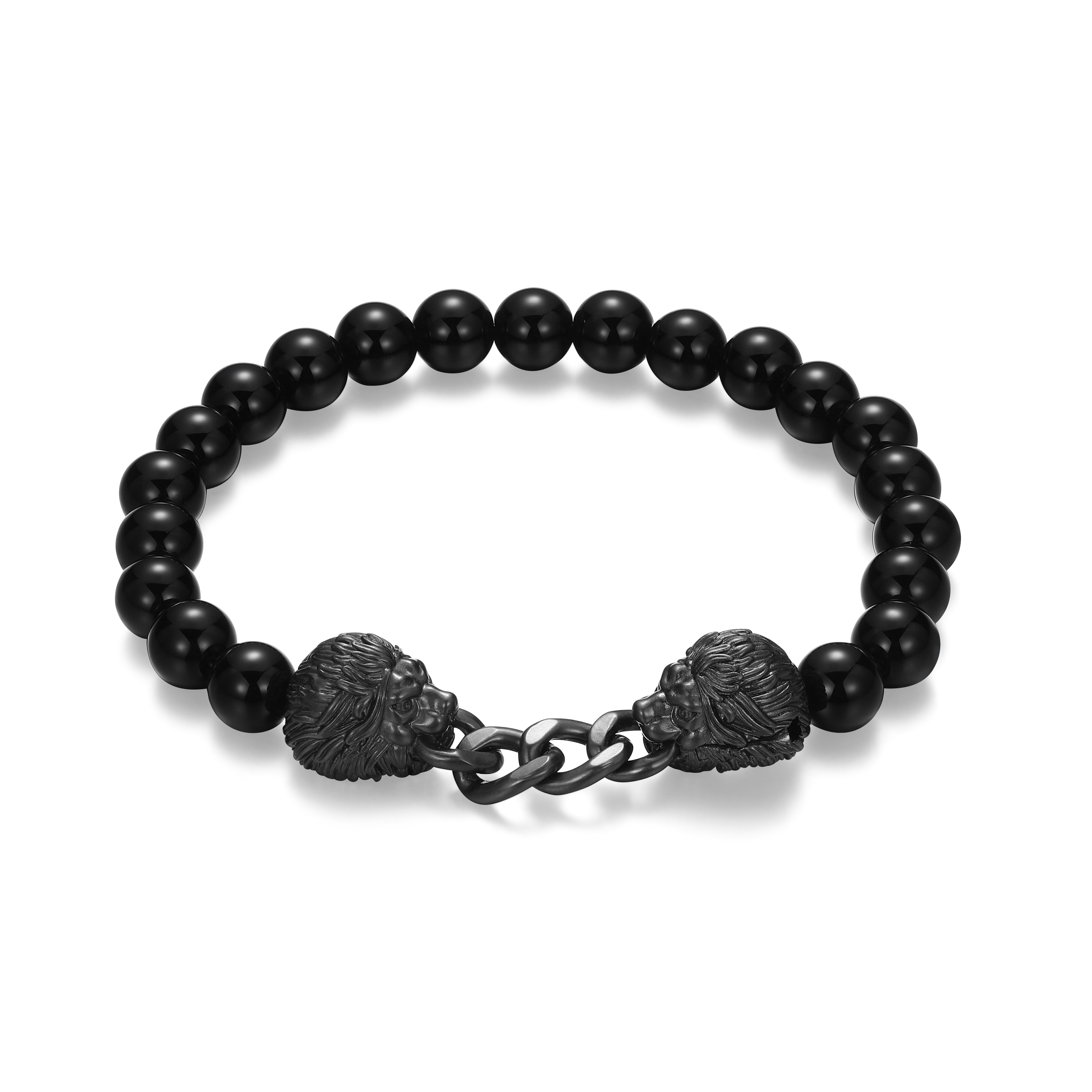 UB0103 - Dark Reign Lion Cuban Chain Black Agate Beaded Bracelet in Gunmetal - Plated Sterling Silver