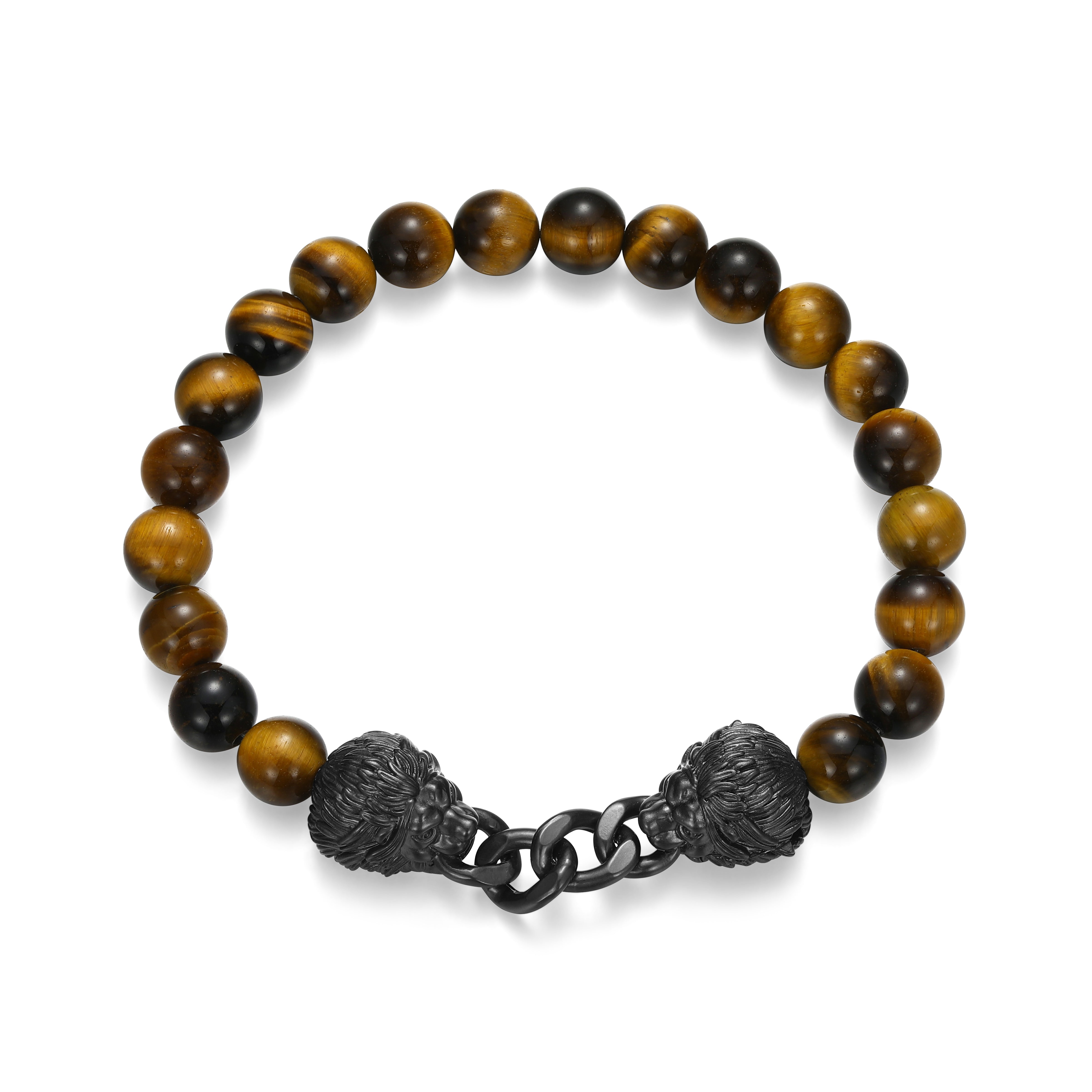 UB0104 - Dark Reign Lion Rondelle Cuban Chain Tiger's Eye Beaded Bracelet in Gunmetal - Plated Sterling Silver