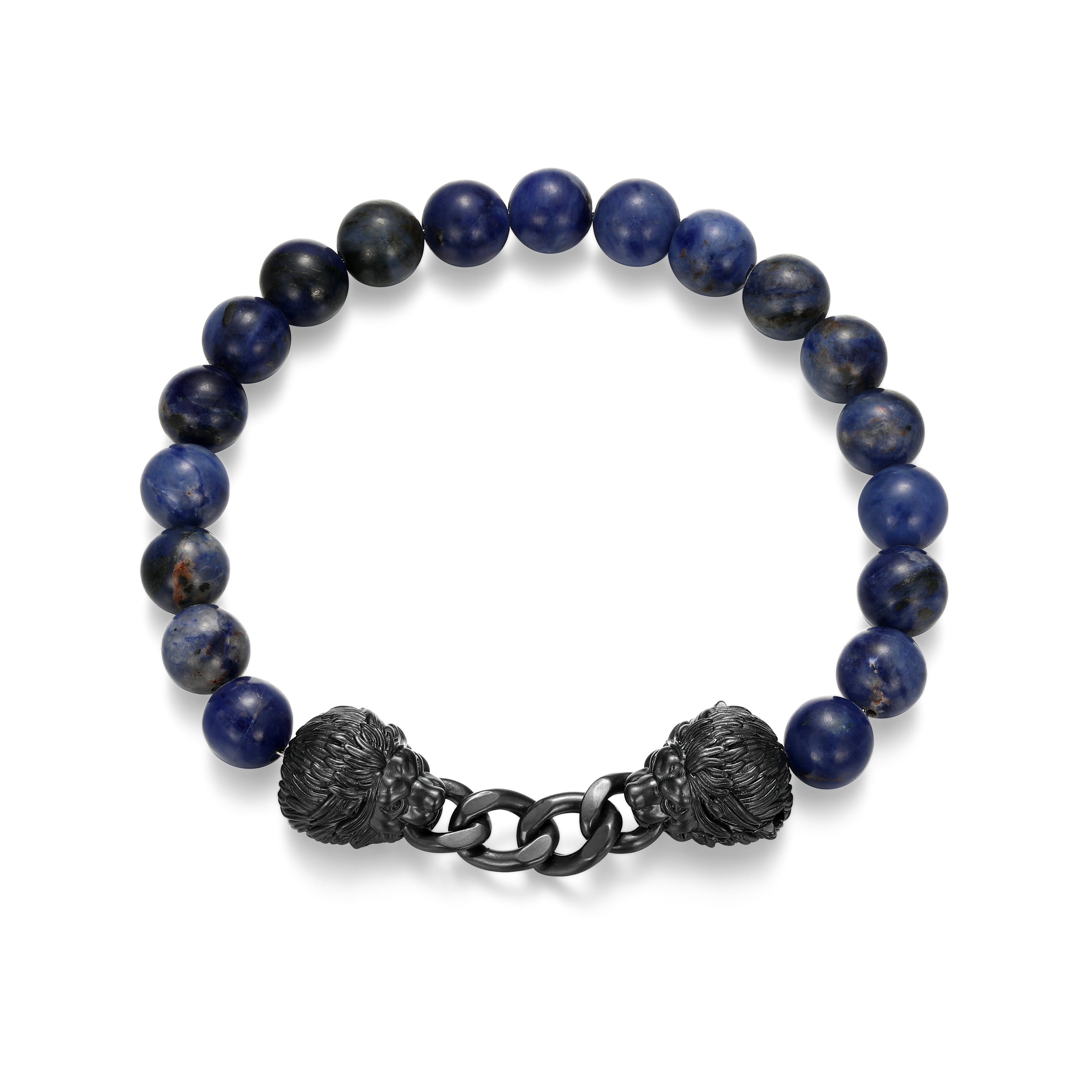 UB0105 - Dark Reign Lion Rondelle Cuban Chain Sodalite Beaded Bracelet in Gunmetal - Plated Sterling Silver