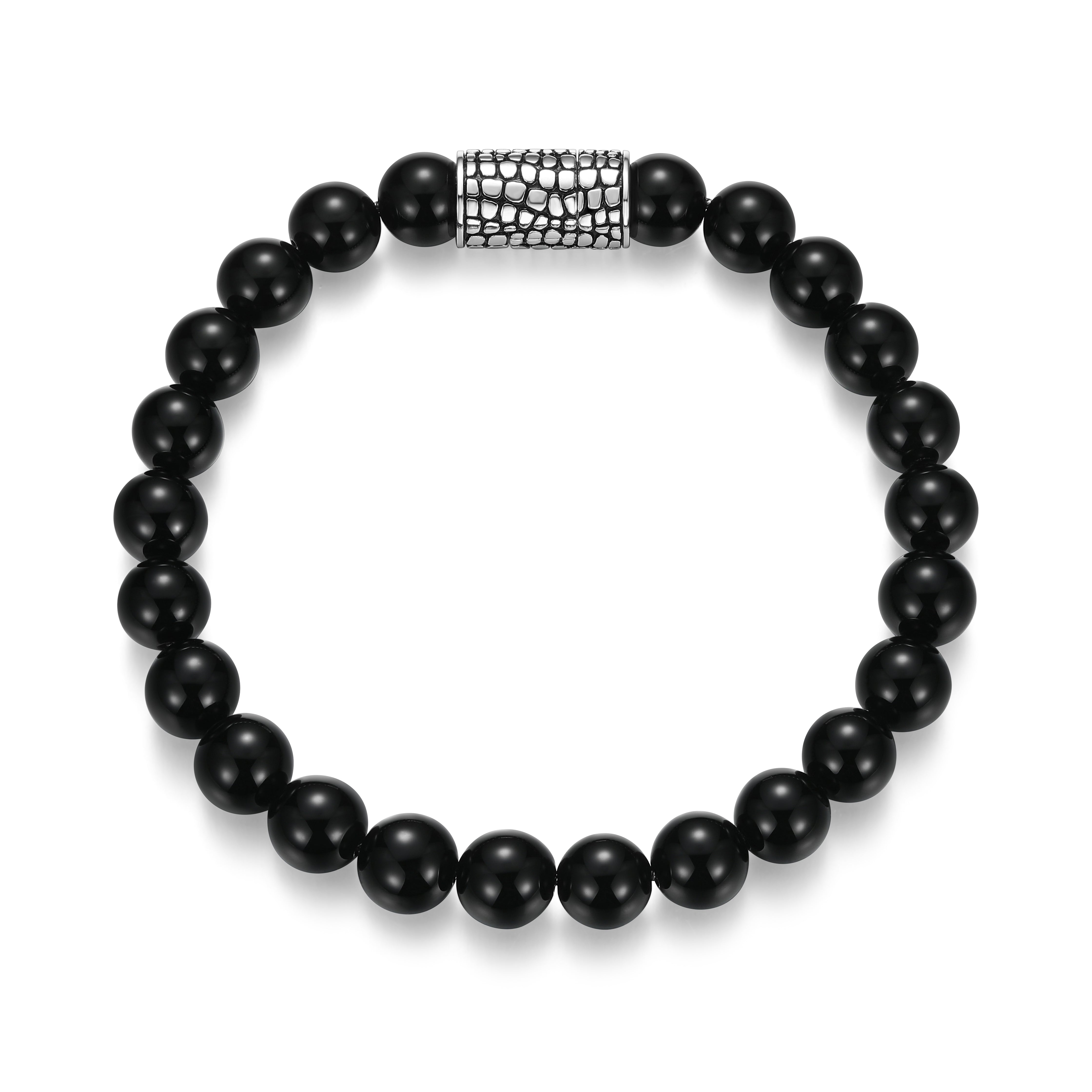 UB0096 - Reptile Design Magnetic Closure Black Agate Beaded Bracelet in Rhodium - Plated Sterling Silver