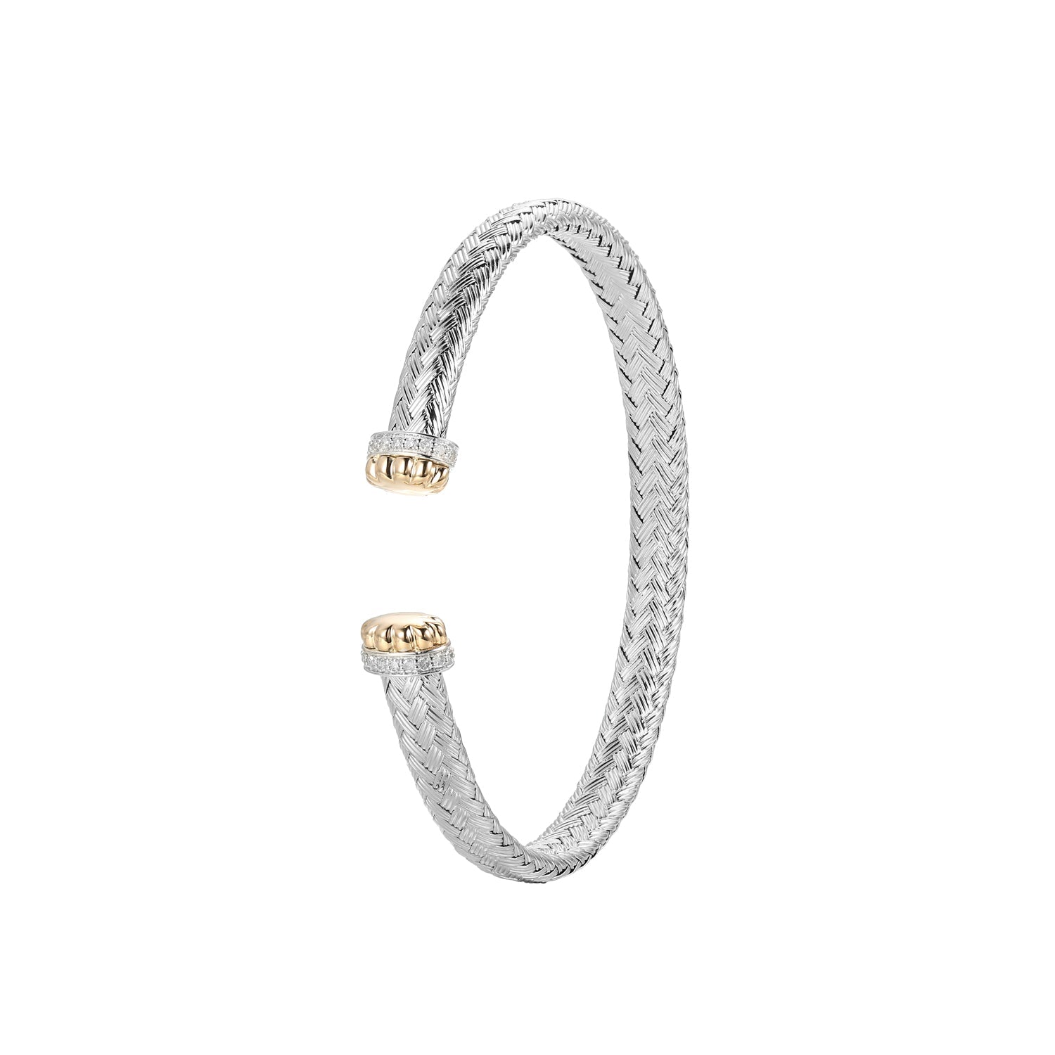 Sterling Silver And 14Kt Yellow Gold Classic Mesh 2 1/5 Carat Total Weight Diamond Cuff Bracelet Inner Circumference 6.75"  Rhodium Finish