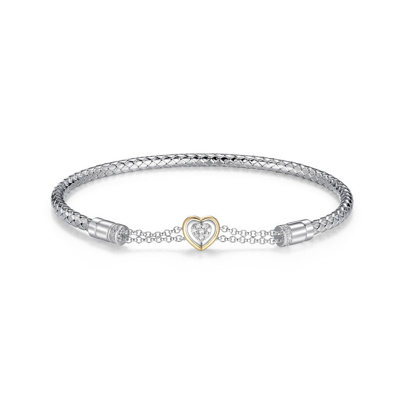 Sterling Silver And 14Kt Yellow Gold True Two-Tone 1/10 Carat Total Weight Diamond Heart Bangle Inner Circumference 6.75"