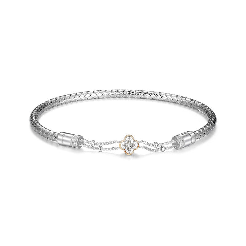 Sterling Silver And 14Kt Yellow Gold True Two-Tone 1/10 Carat Total Weight Diamond Clover Bangle Inner Circumference 6.75"