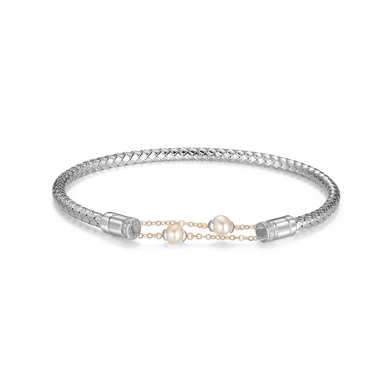 Sterling Silver And 14Kt Yellow Gold True Two-Tone 1/10 Carat Total Weight Bead Station  Bangle Inner Circumference 6.75"