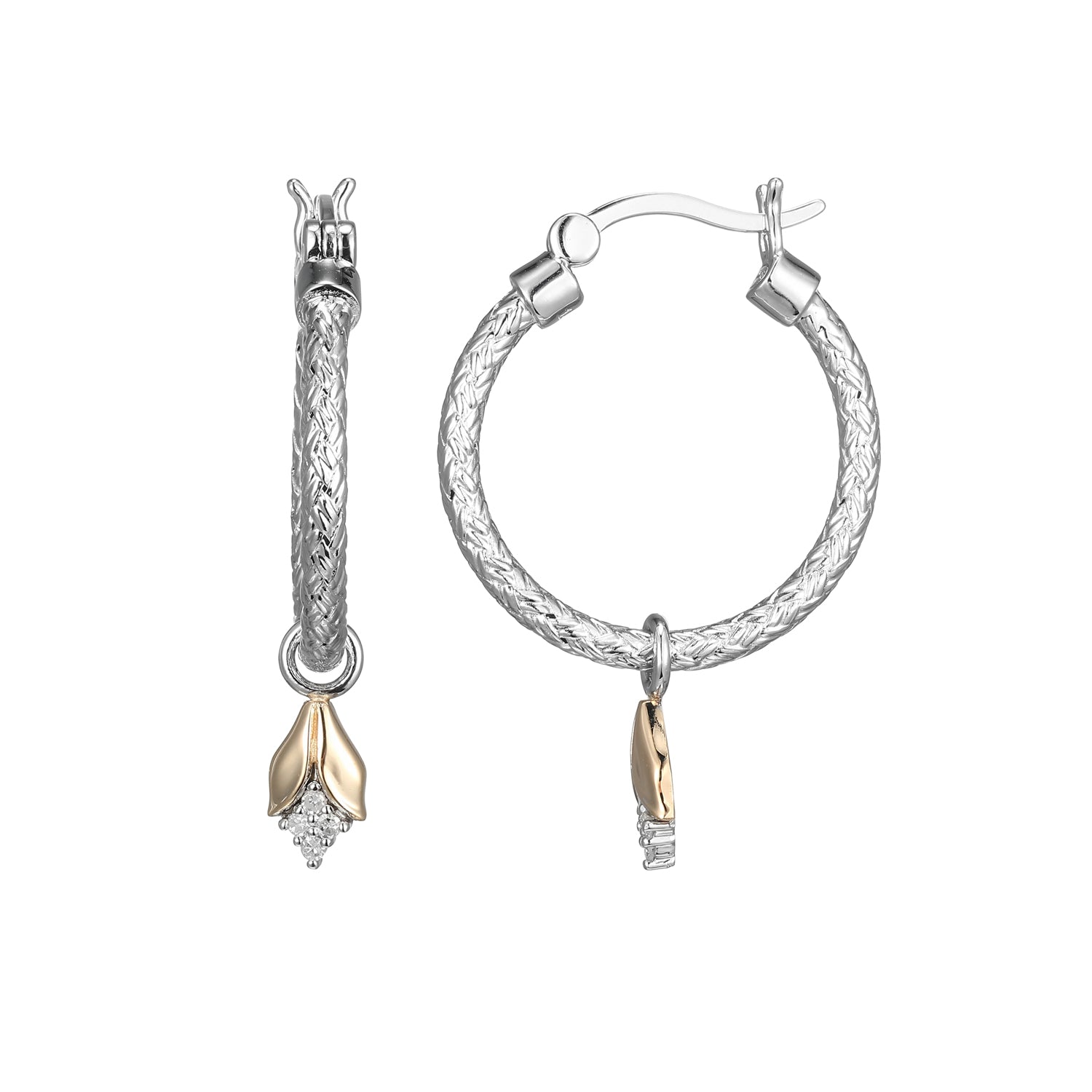 Sterling Silver And 14Kt Yellow Gold Classic Mesh 2 1/15 Carat Total Weight Diamond 18Mm Hoop Earring Rhodium Finish