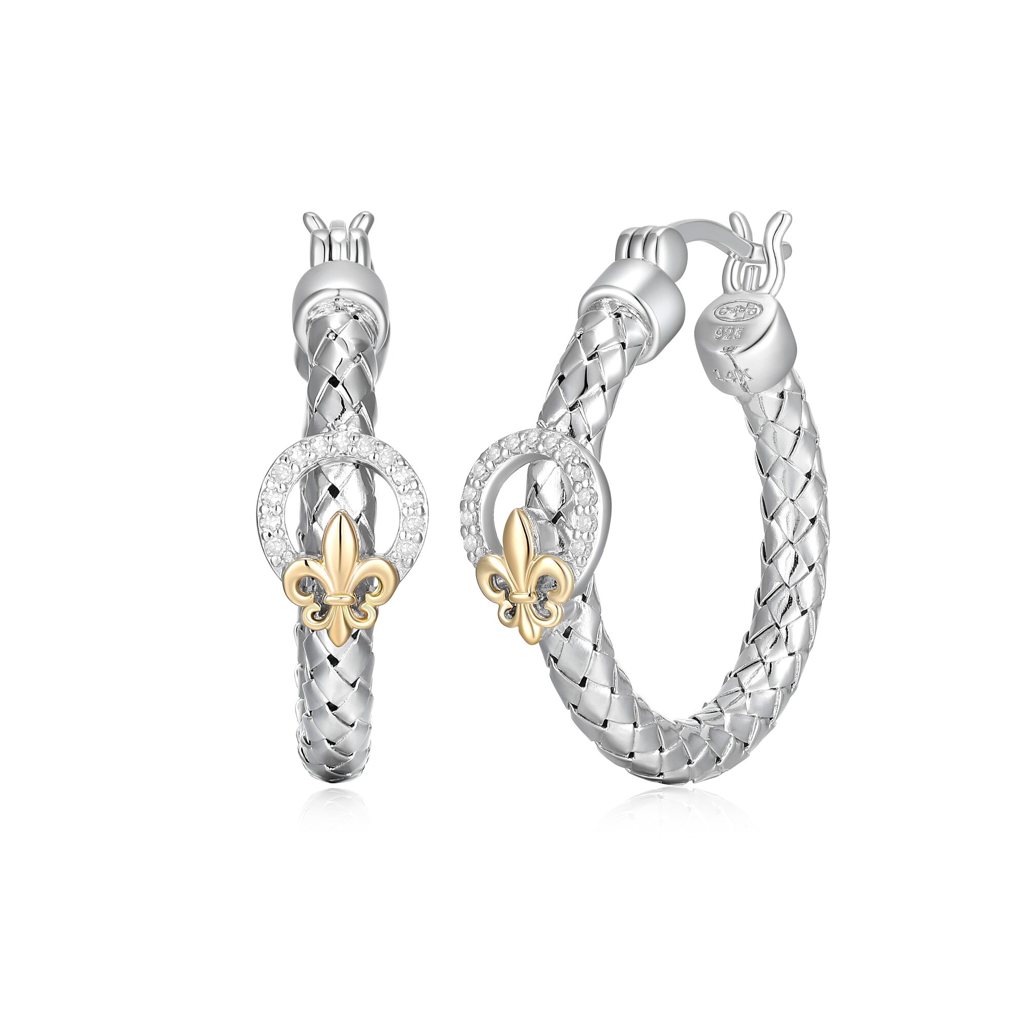 Sterling Silver And 14Kt Yellow Gold Touch Of Gold  1/10 Ct. T.W. Diamond Fleur De Lis  25Mm Hoop  Earring  Rhodium Finish
