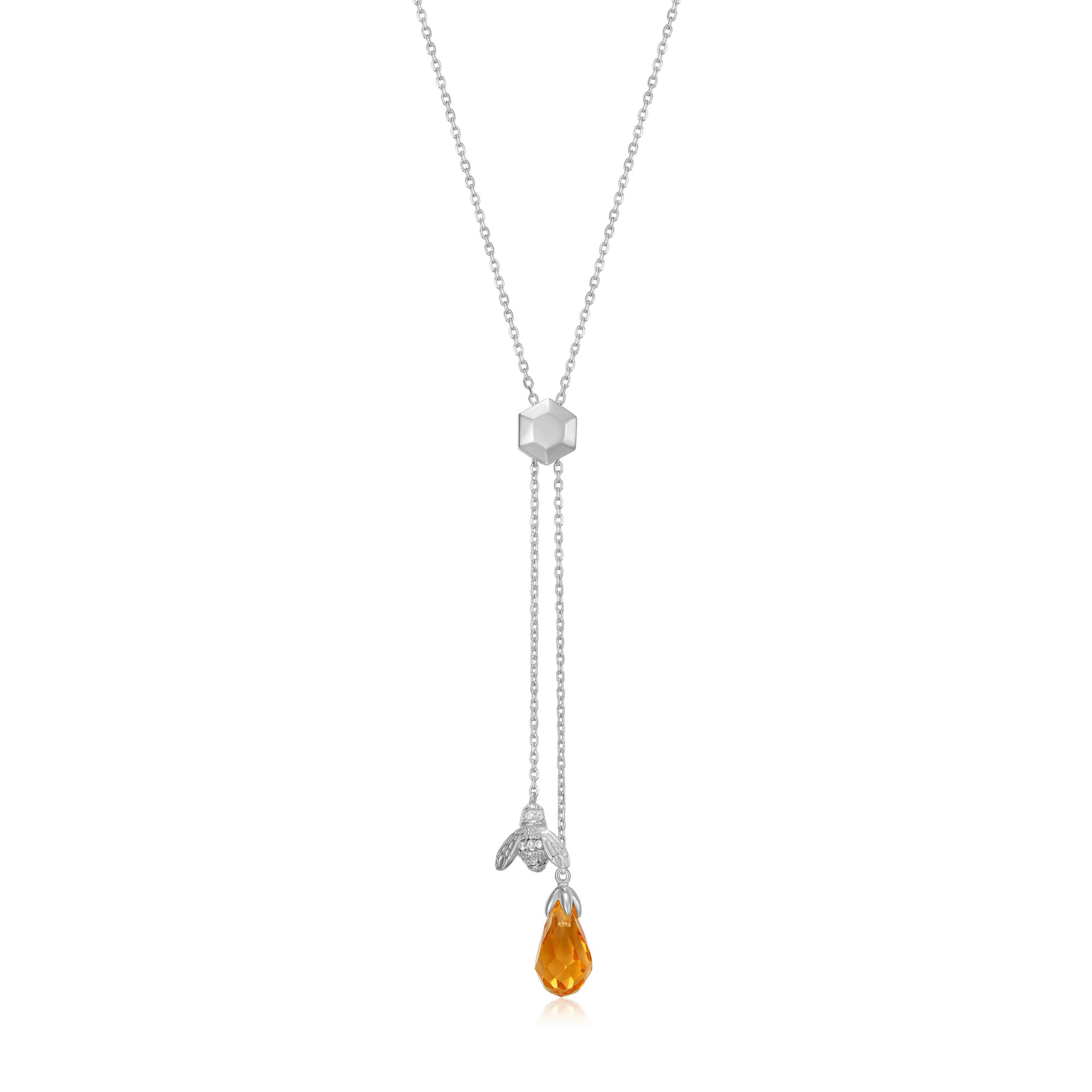 BN0034W - Honey Bee Y-Necklace in Rhodium-Plated Sterling Silver