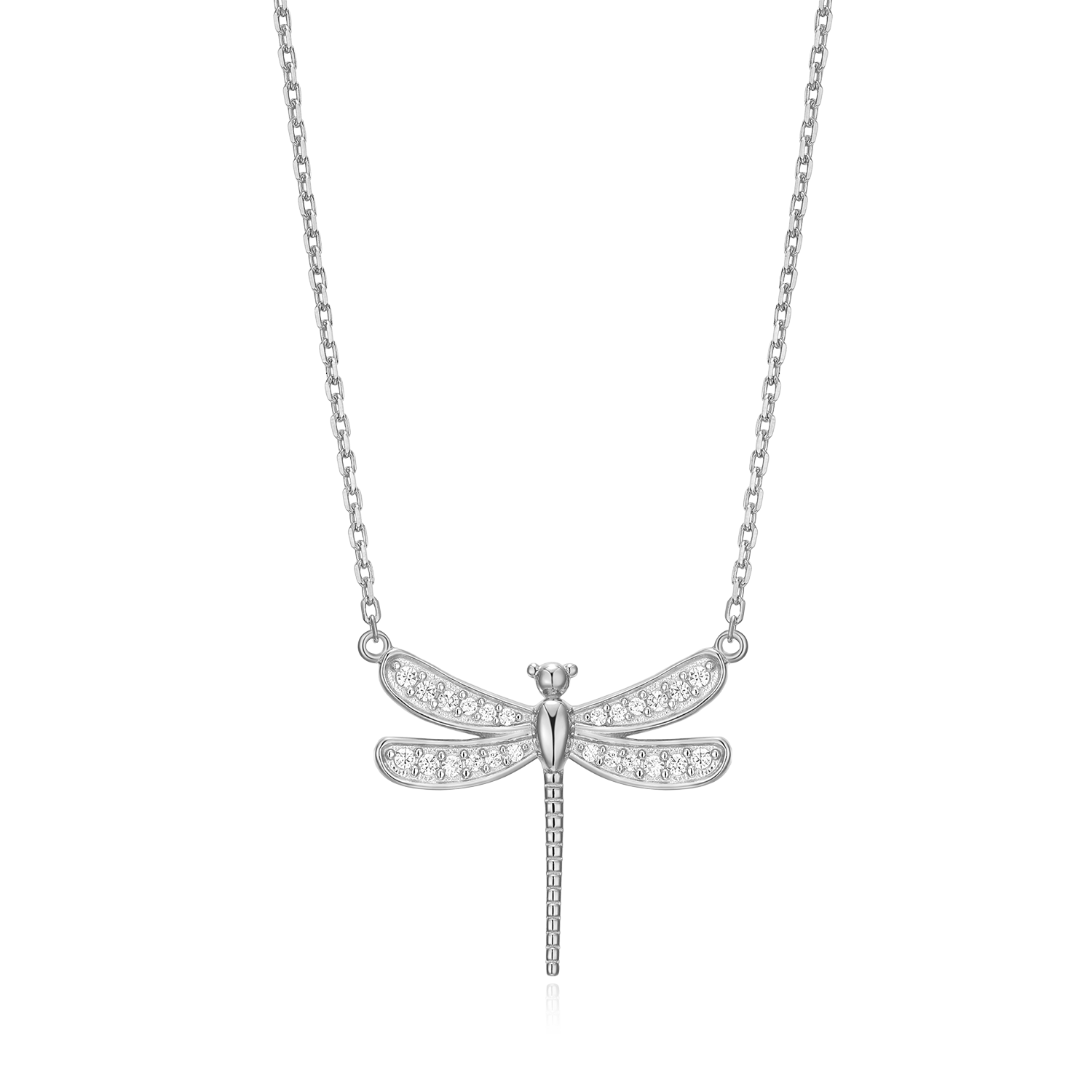 BN0106W - Dragonfly Lab-Created Diamond Pave Pendant Necklace in Rhodium-Plated Sterling Silver