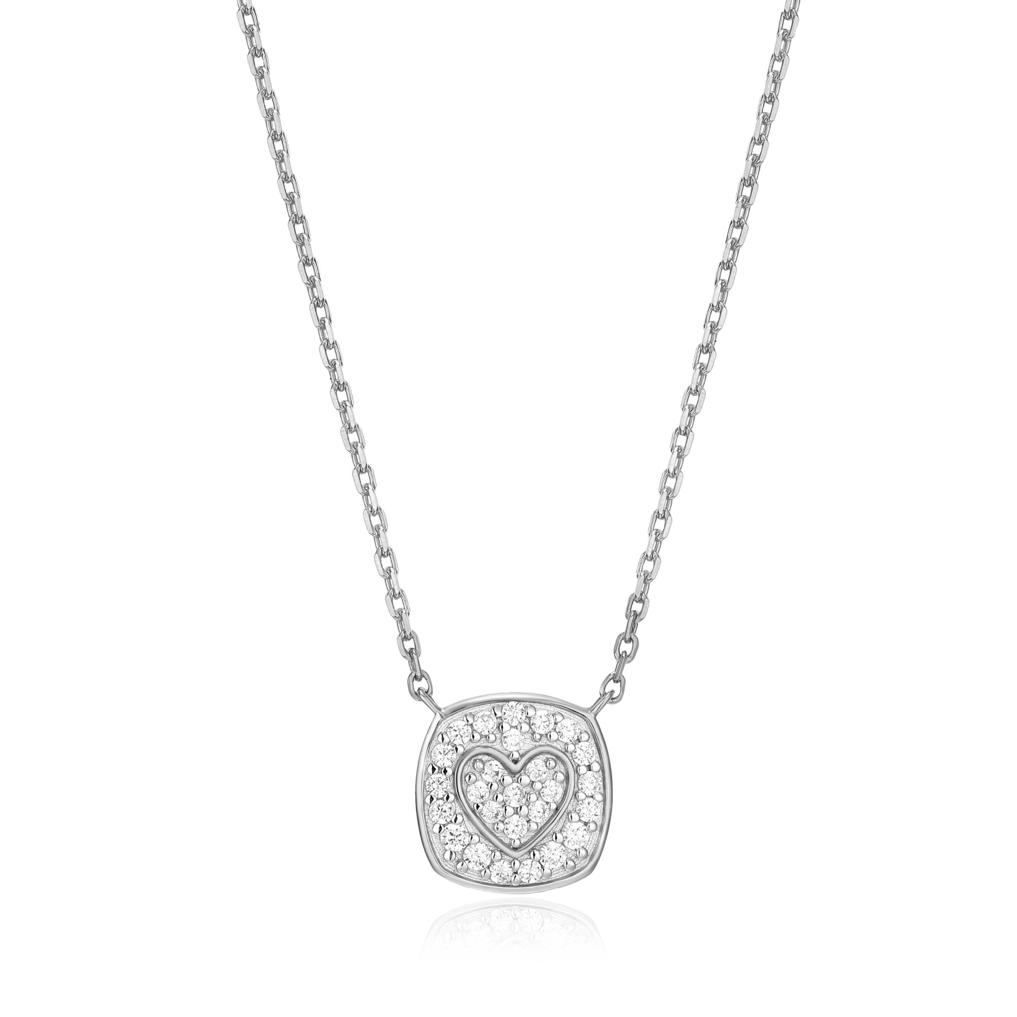 BN0014W - Heart Emblem Cushion Necklace in Rhodium-Plated Sterling Silver