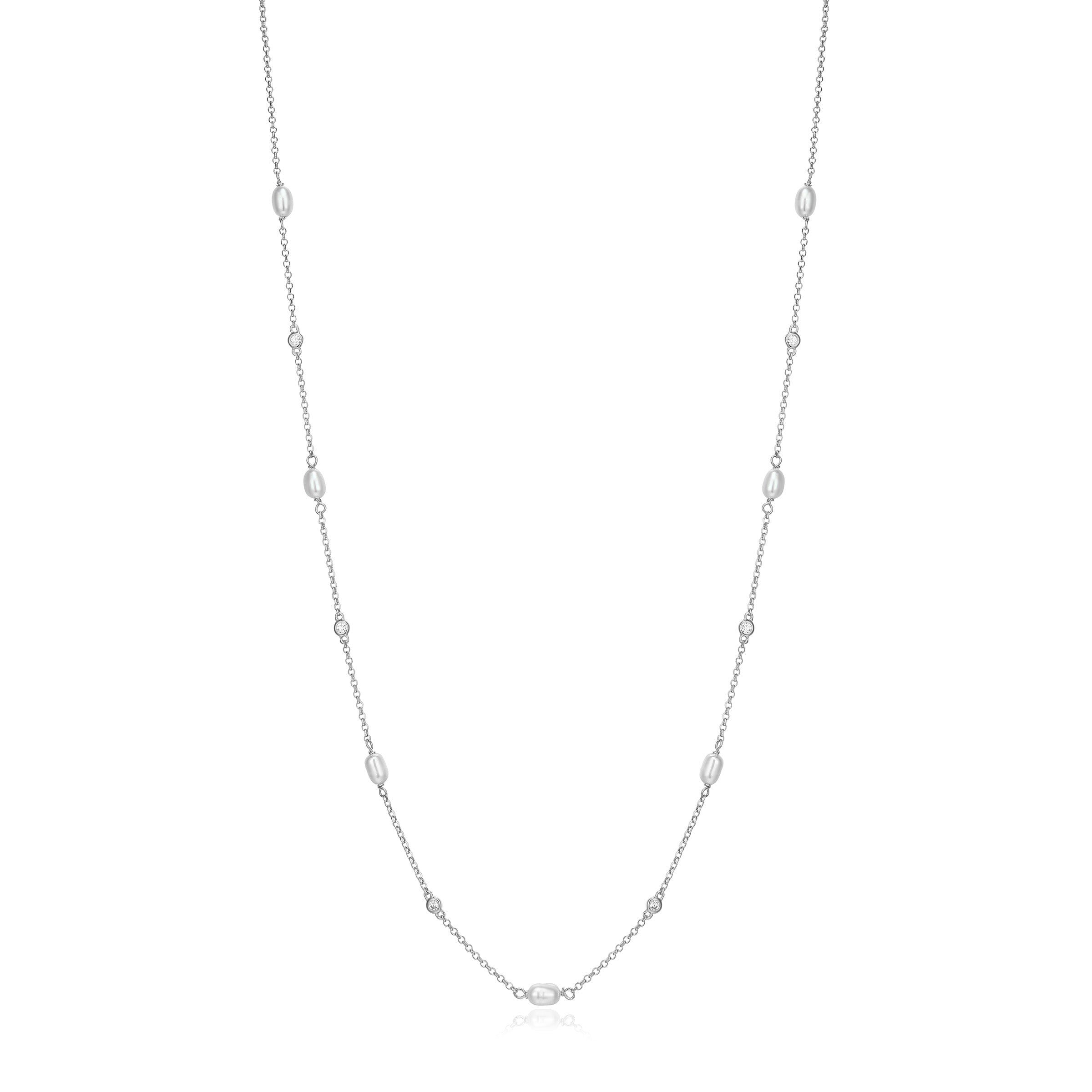 Ss Rhod Pltd Neck G Wht Pl(1a) 6x4mm &amp; 3a Cz Rd 1.2mm Faceted Rolo Chain 18
