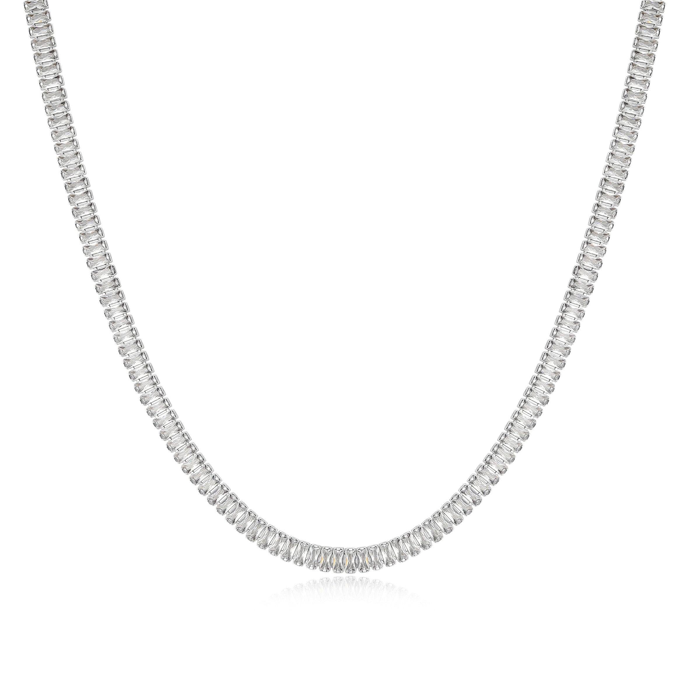 Diamondlite Cz 4X2Mm Baguette Tennis Necklace In Sterling Silver. 15+3".
