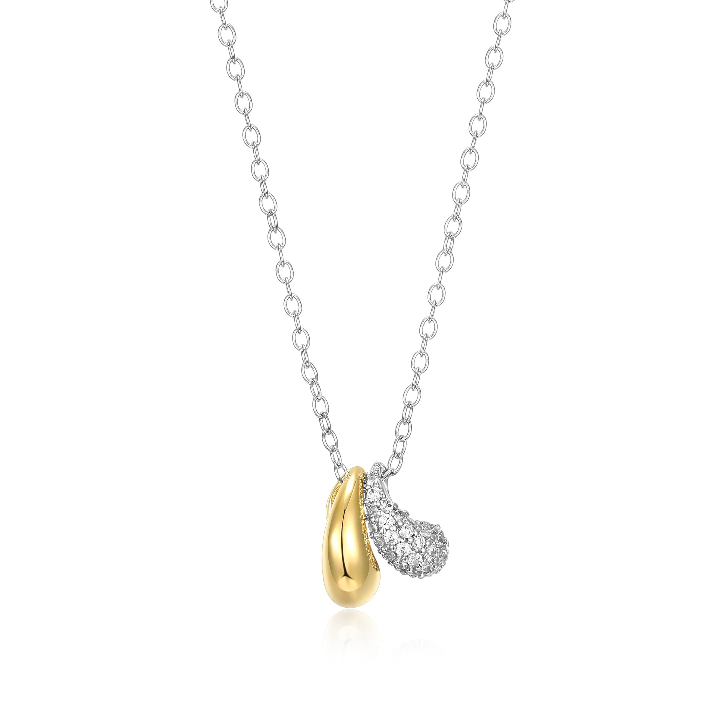 Diamondlite Cz "Sculpted Serenity" Double Teardrop Necklace In Sterling Silver With 18K Gold Plating. 16+2".