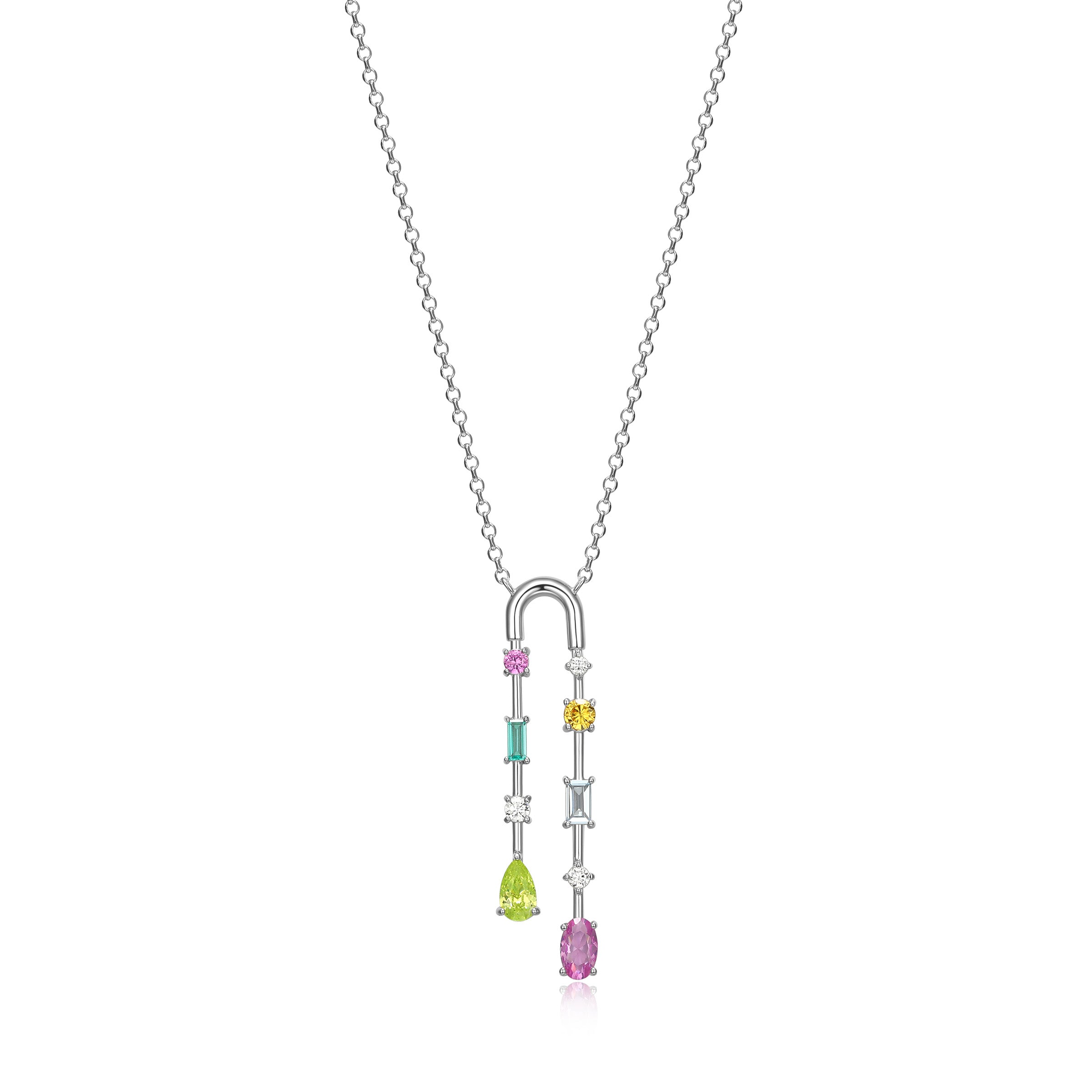 "Happy Colours" Rainbow Multi-Stone  U-Shaped Adjustable Necklace In Sterling Silver. 18.5".
