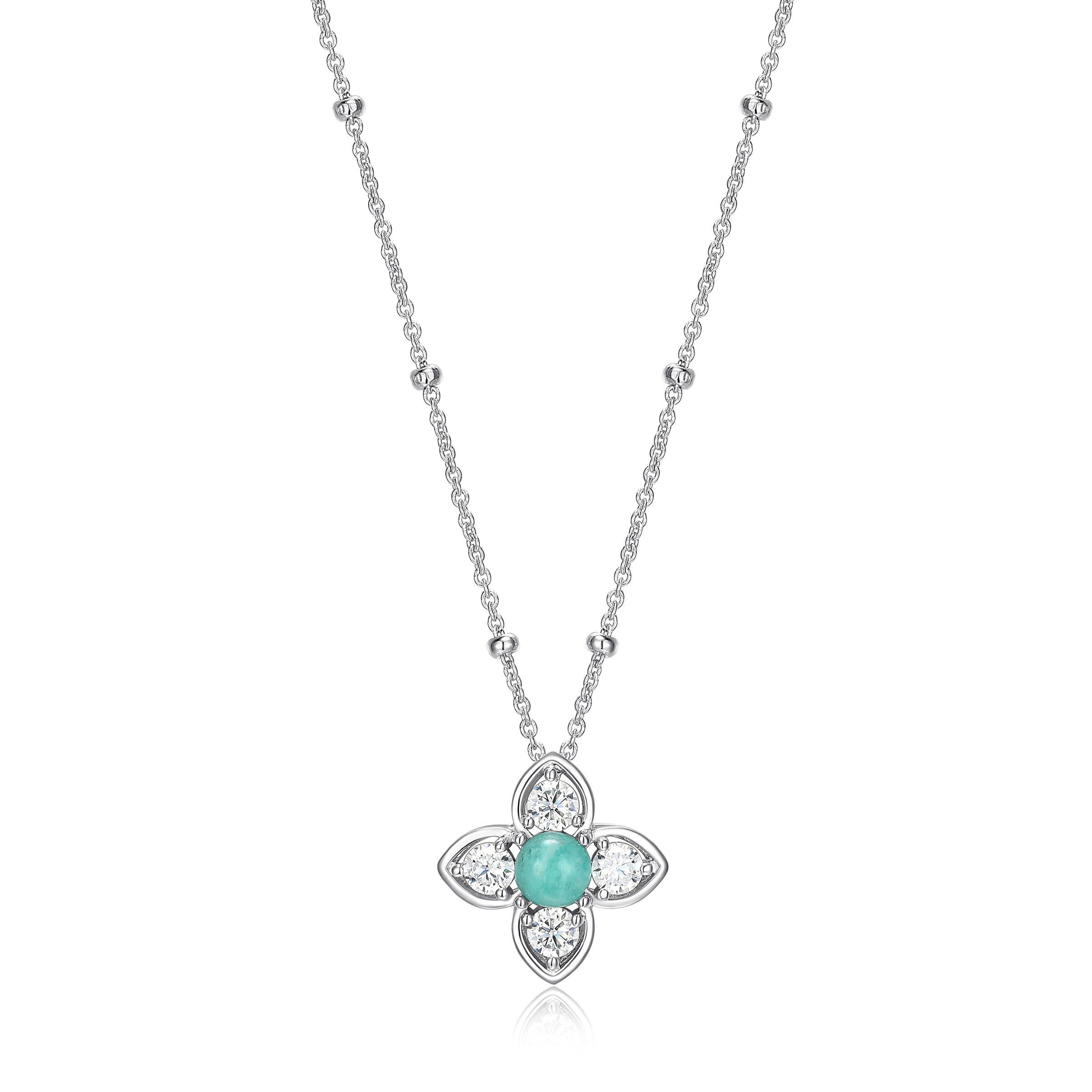 Diamondlite Cz &amp; 4mm Genuine Amazonite Clover Beaded Necklace In Sterling Silver. 16+2".