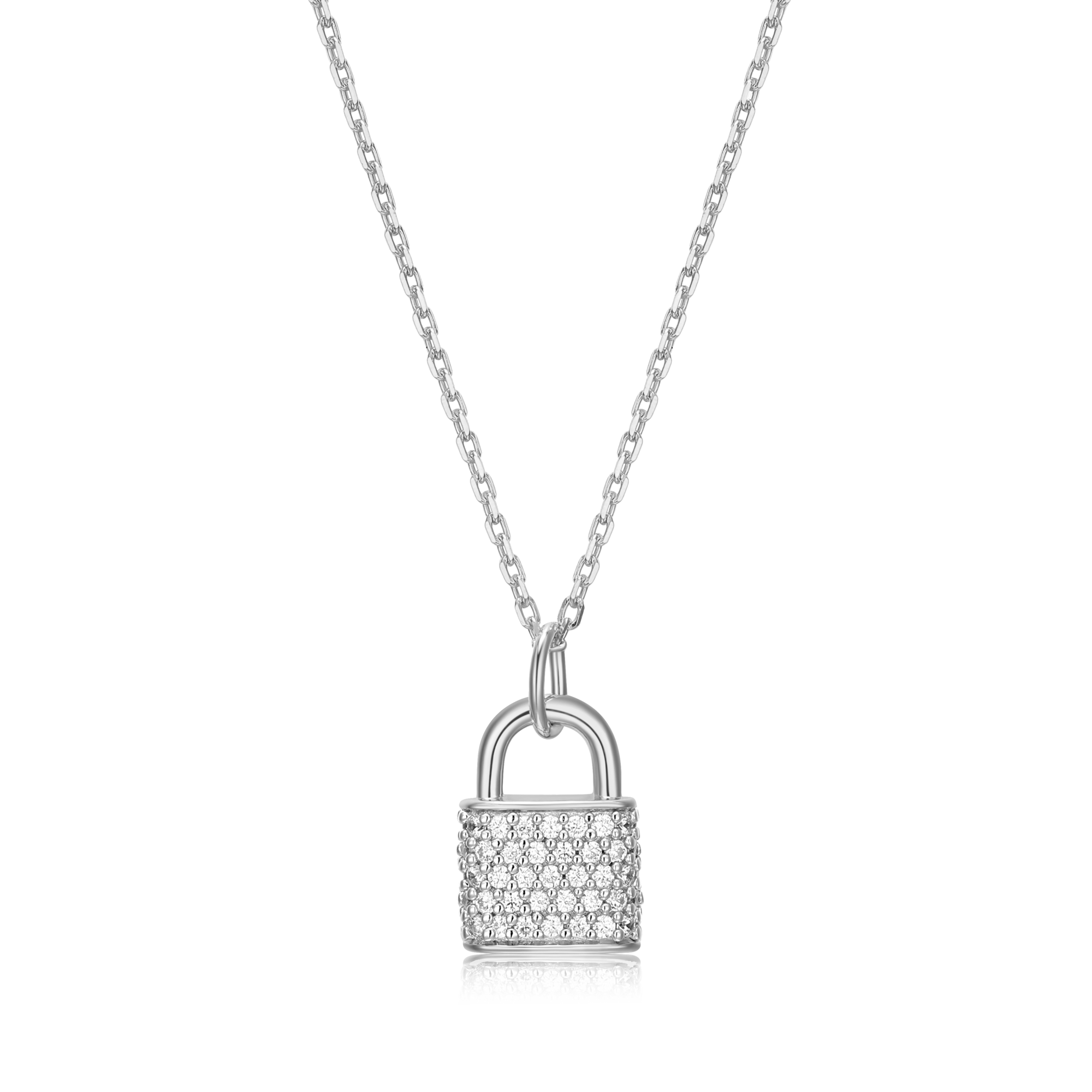 BN0020W - Lock Pendant Necklace in Rhodium-Plated Sterling Silver