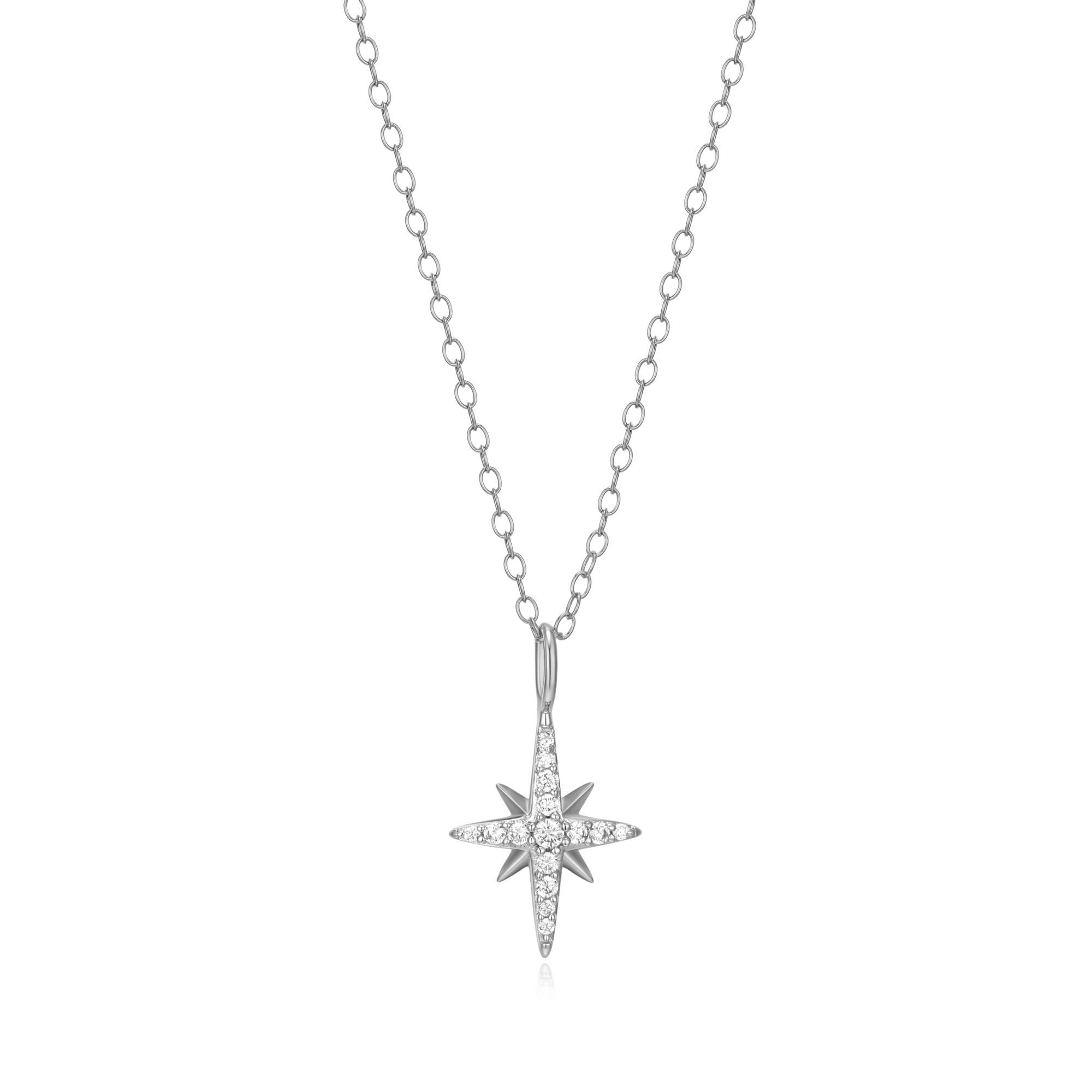BN0027W - Cardinal Points Pendant Necklace in Rhodium-Plated Sterling Silver
