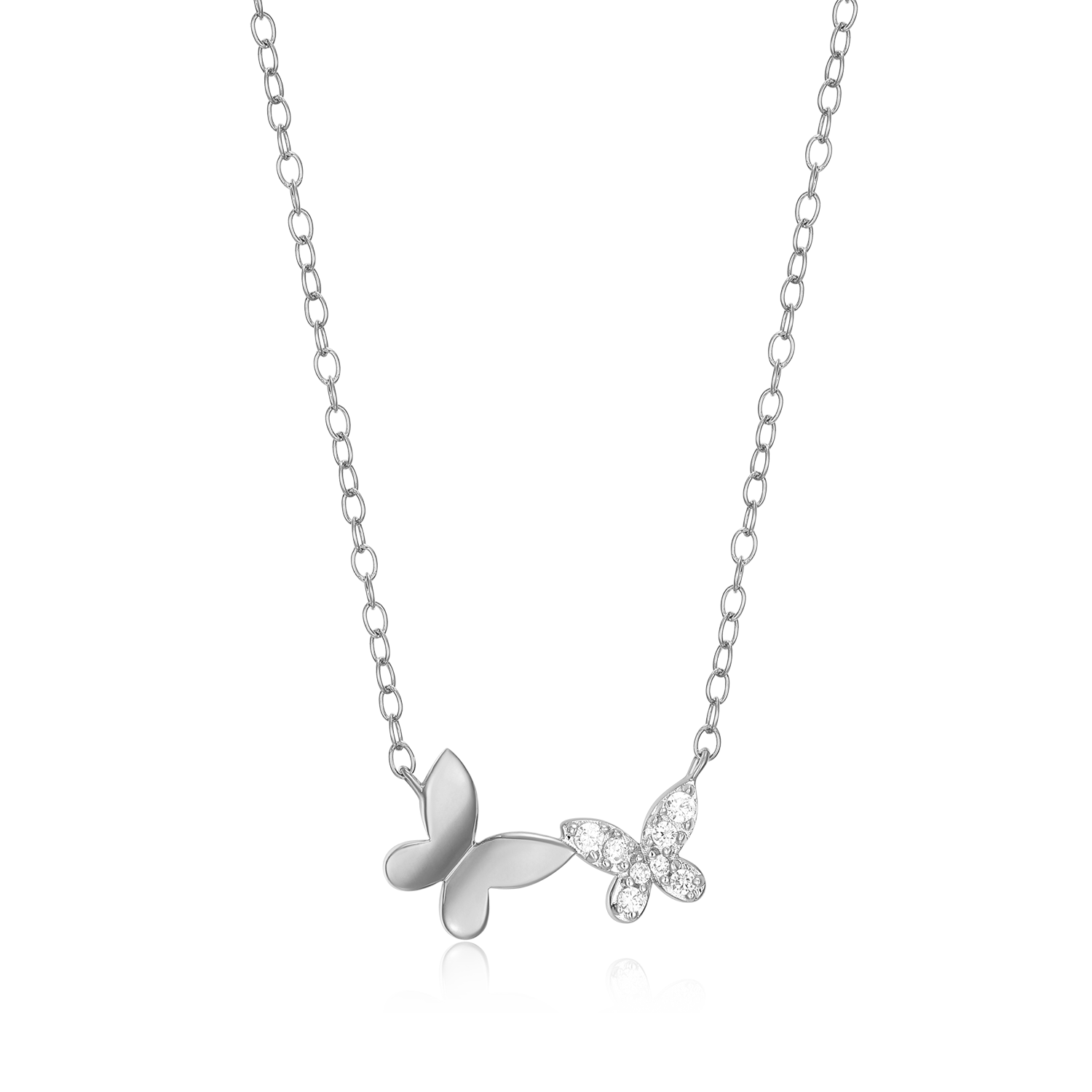 BN0185W - Twin Butterfly Lab-Created Diamond Necklace in Rhodium-Plated Sterling Silver