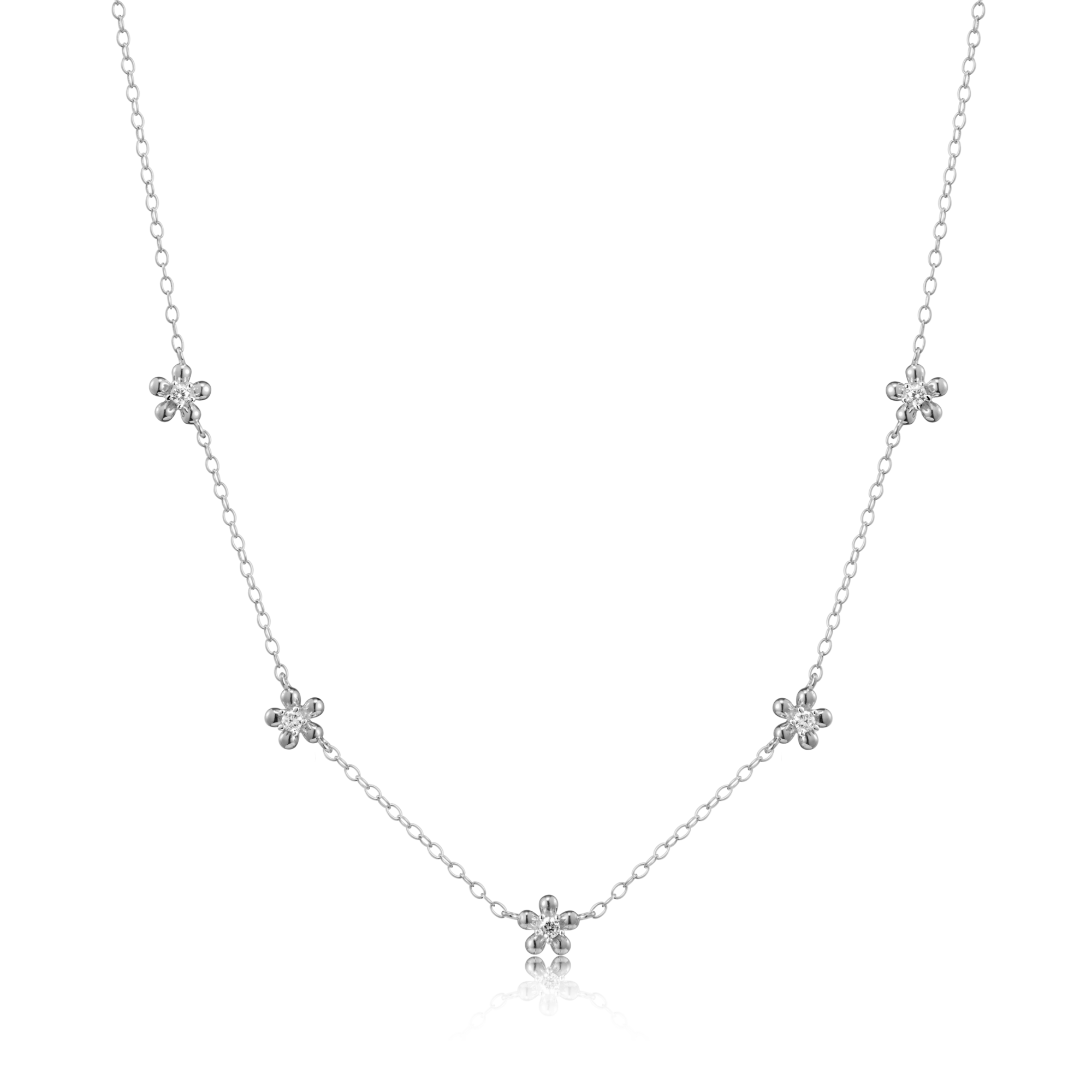 BN0146W - Flower Station Necklace in Rhodium-Plated Sterling Silver