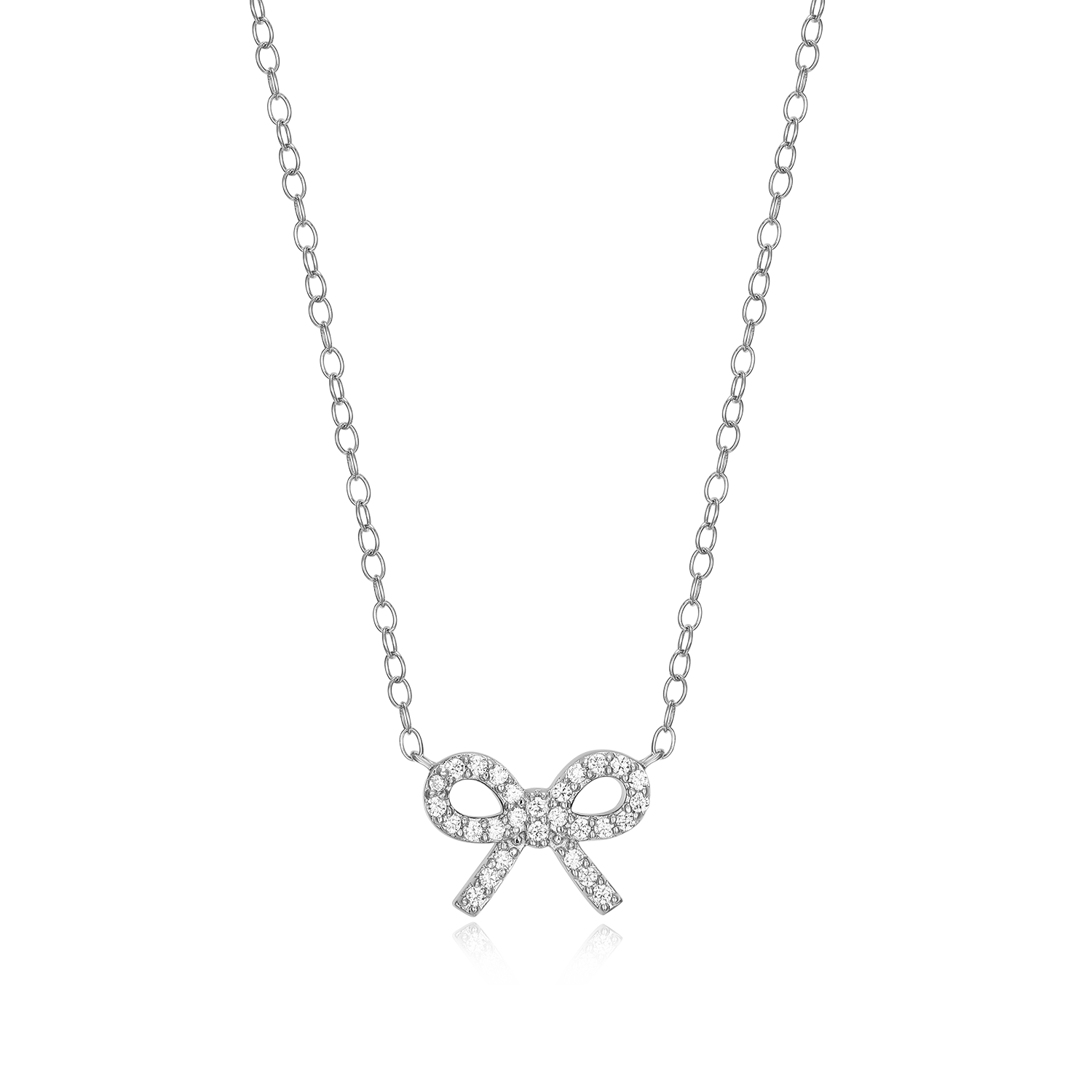 BN0184W - Ribbon Bow Lab-Created Diamond Charm Necklace in Rhodium-Plated Sterling Silver
