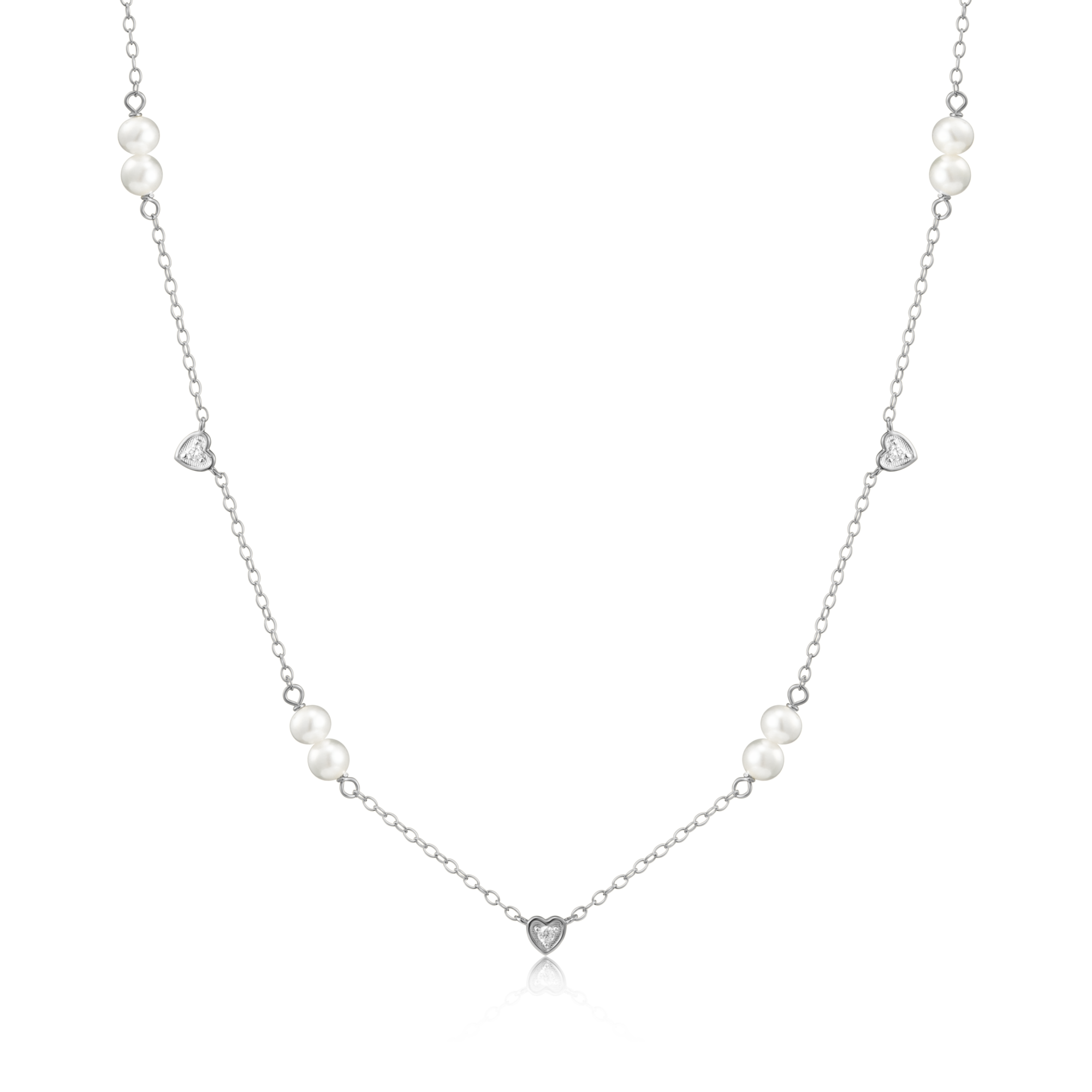 BN0149W - Hearts & Pearls Station Necklace in Rhodium-Plated Sterling Silver