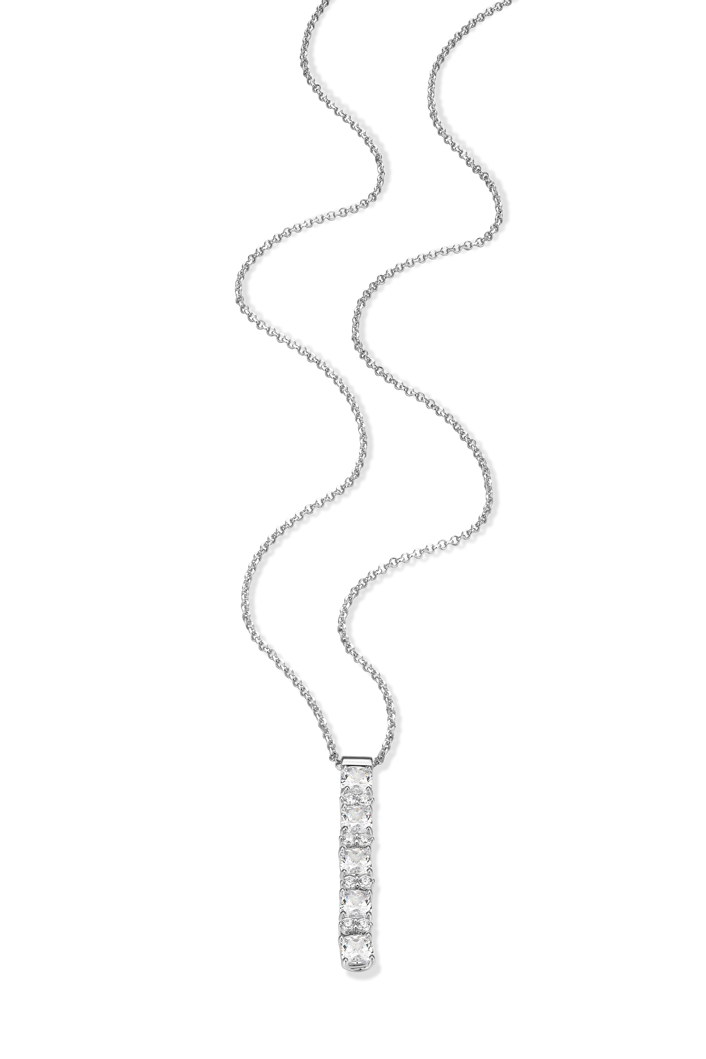 Ss Rhod Pltd Neck 3a Cz Cushion 4mm &amp; Rd 1.2mm Faceted Rolo Chain 18