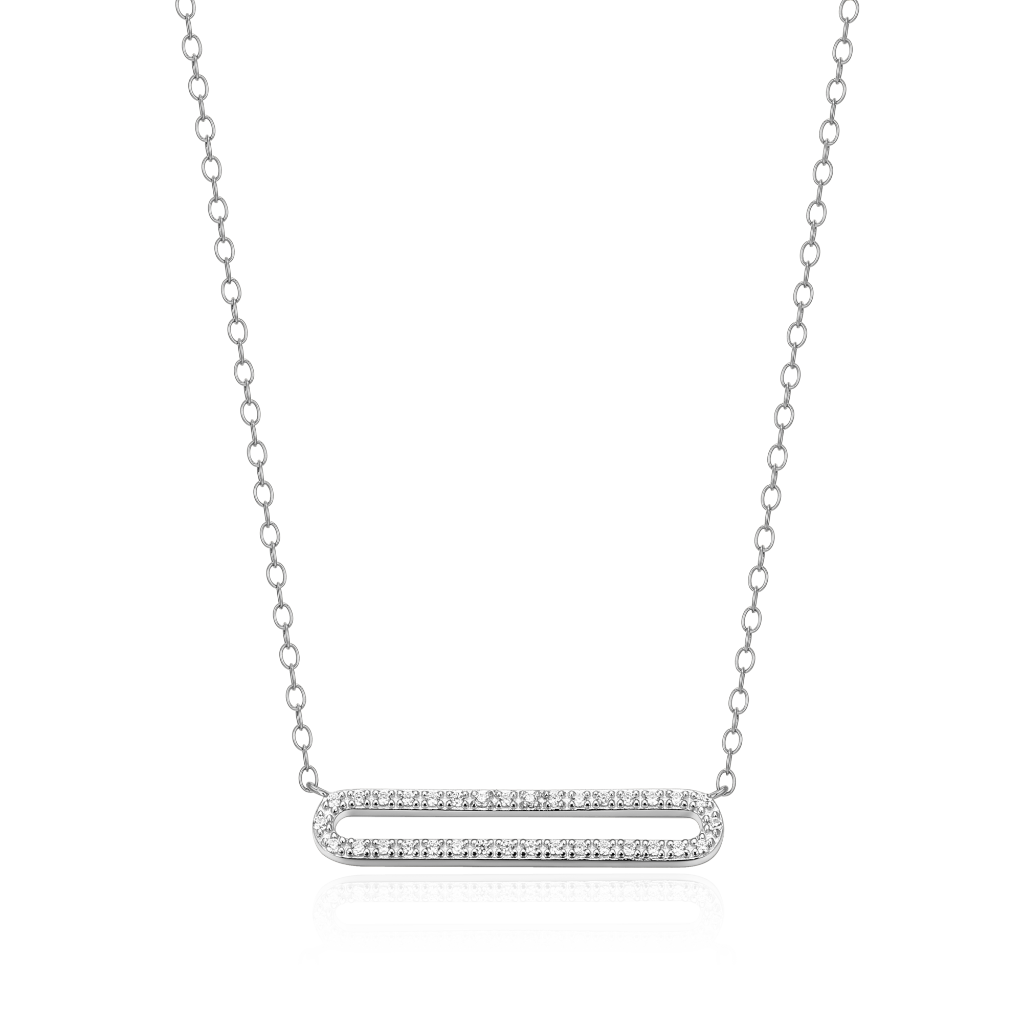 BN0093W - Pave Paperclip Pendant Necklace in Rhodium-Plated Sterling Silver