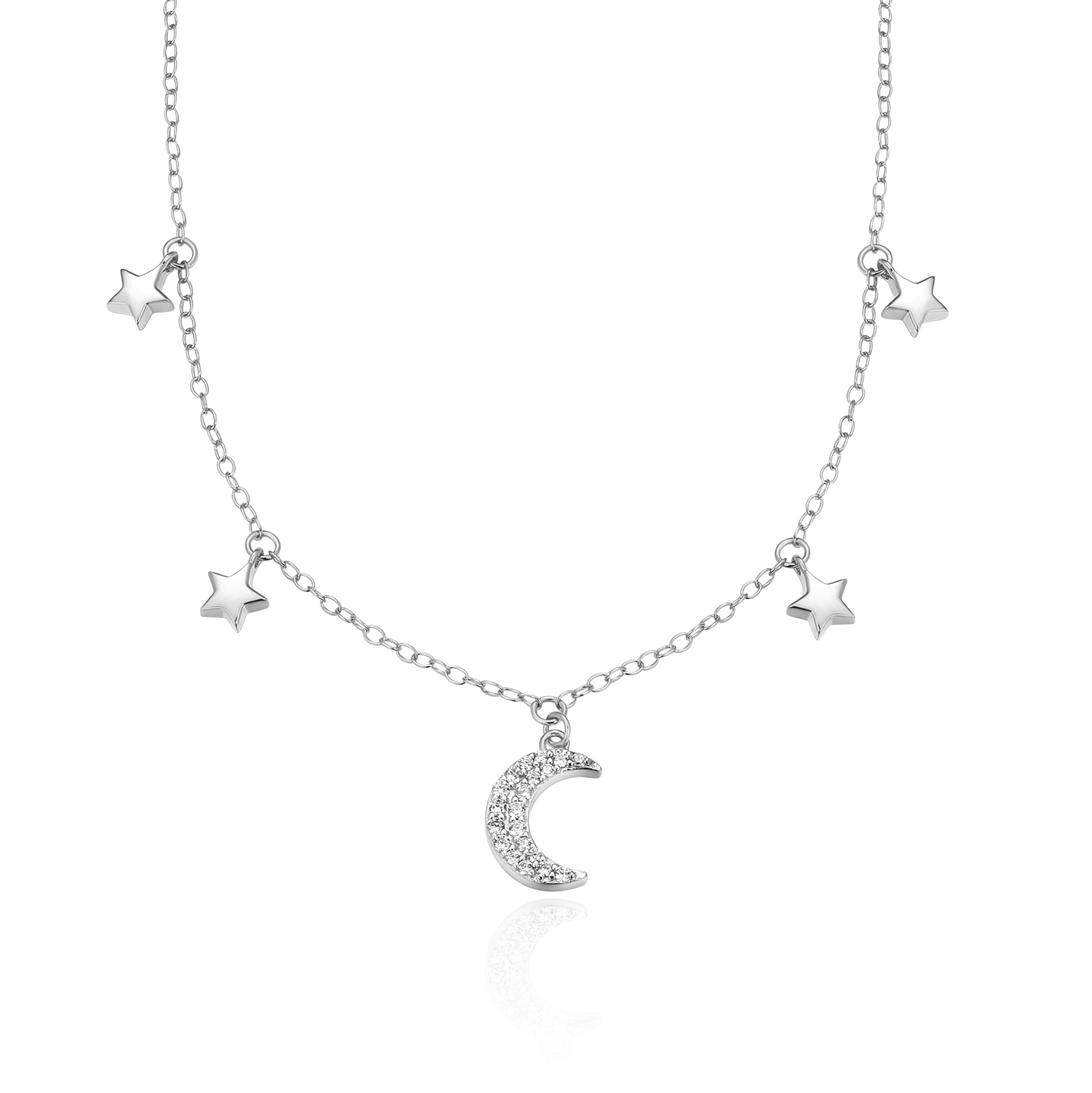 BN0152W - Dangling Moon & Stars Necklace in Rhodium-Plated Sterling Silver
