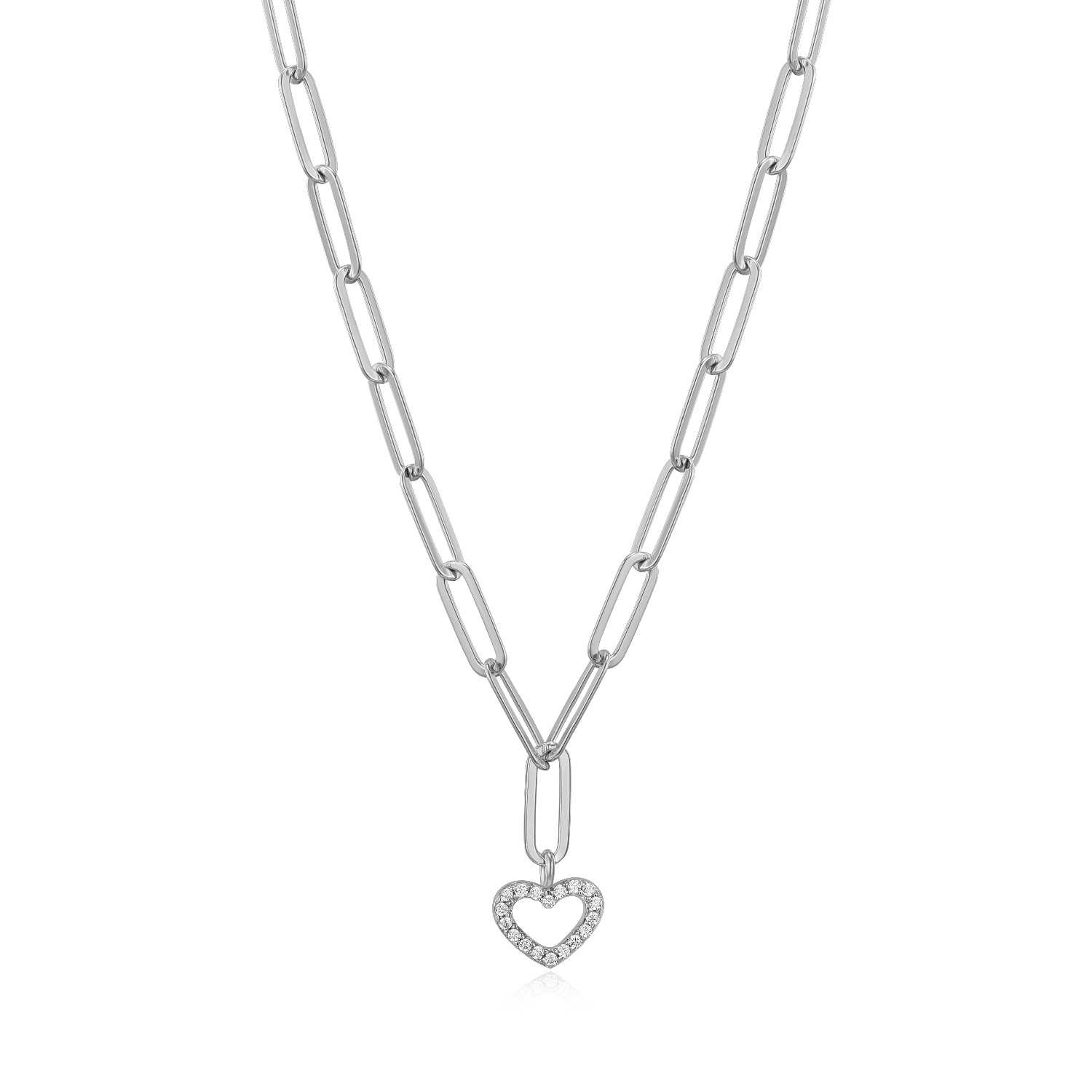BN0169W - Open Heart Pendant Lab-Created Diamond Paperclip Necklace in Rhodium-Plated Sterling Silver