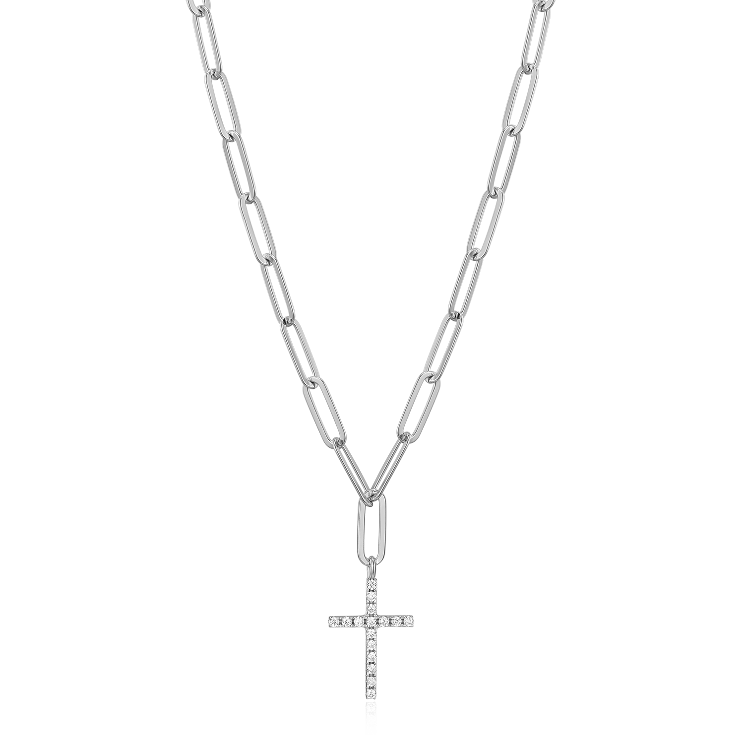 BN0170W - Cross Pendant Lab-Created Diamond Paperclip Necklace in Rhodium-Plated Sterling Silver