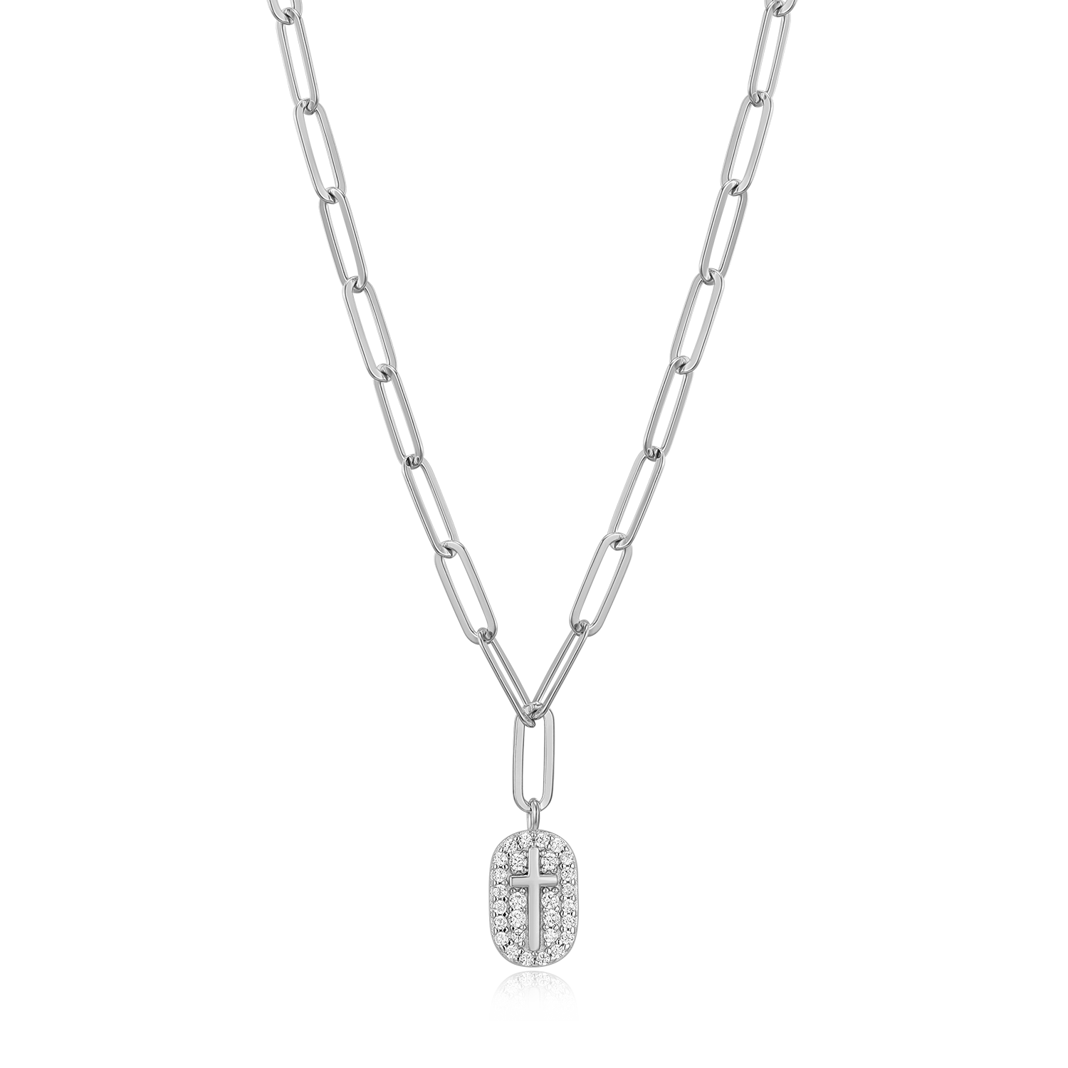 BN0171W - Cross Tag Pendant Lab-Created Diamond Paperclip Necklace in Rhodium-Plated Sterling Silver