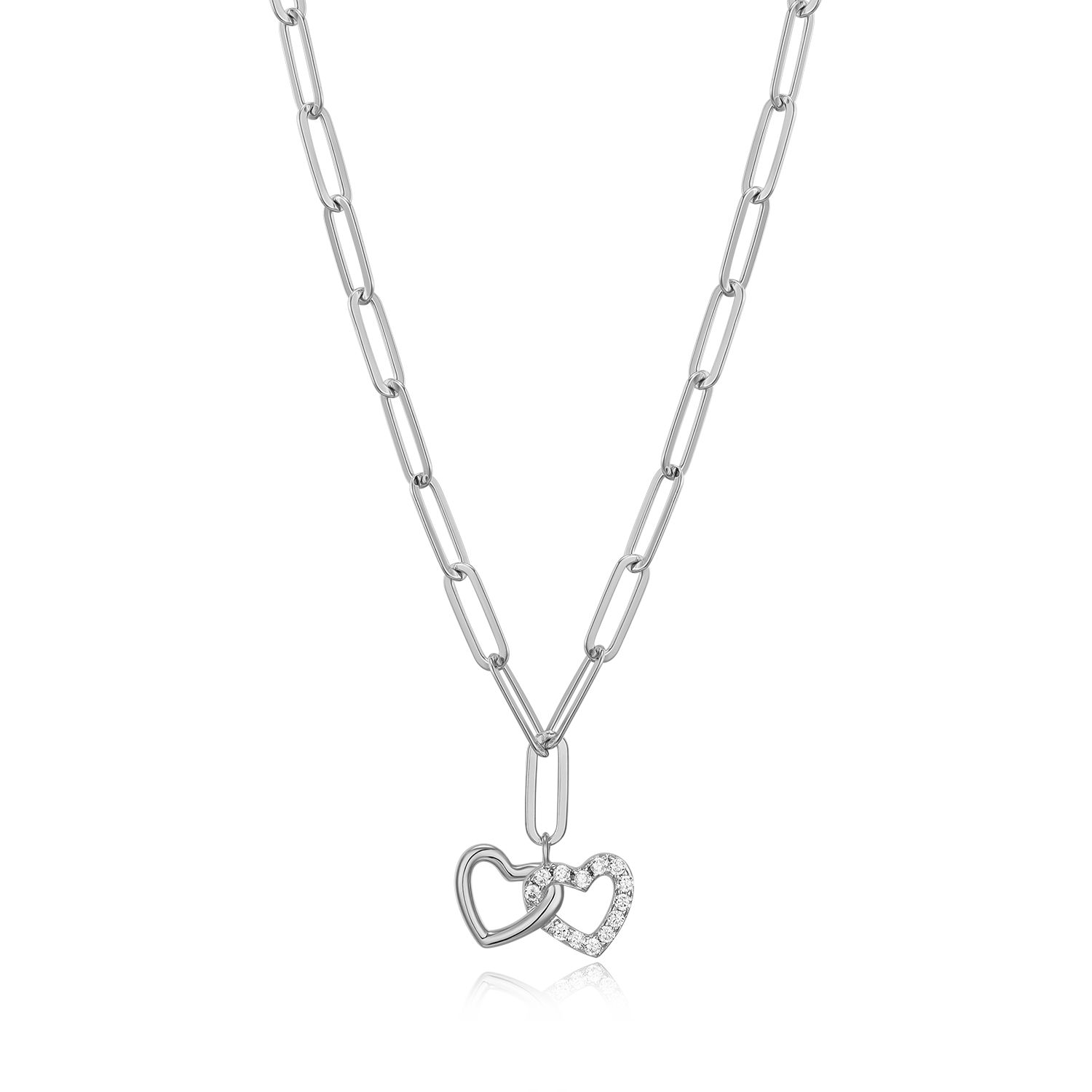 BN0172W - Twin Heart Pendant Lab-Created Diamond Paperclip Necklace in Rhodium-Plated Sterling Silver