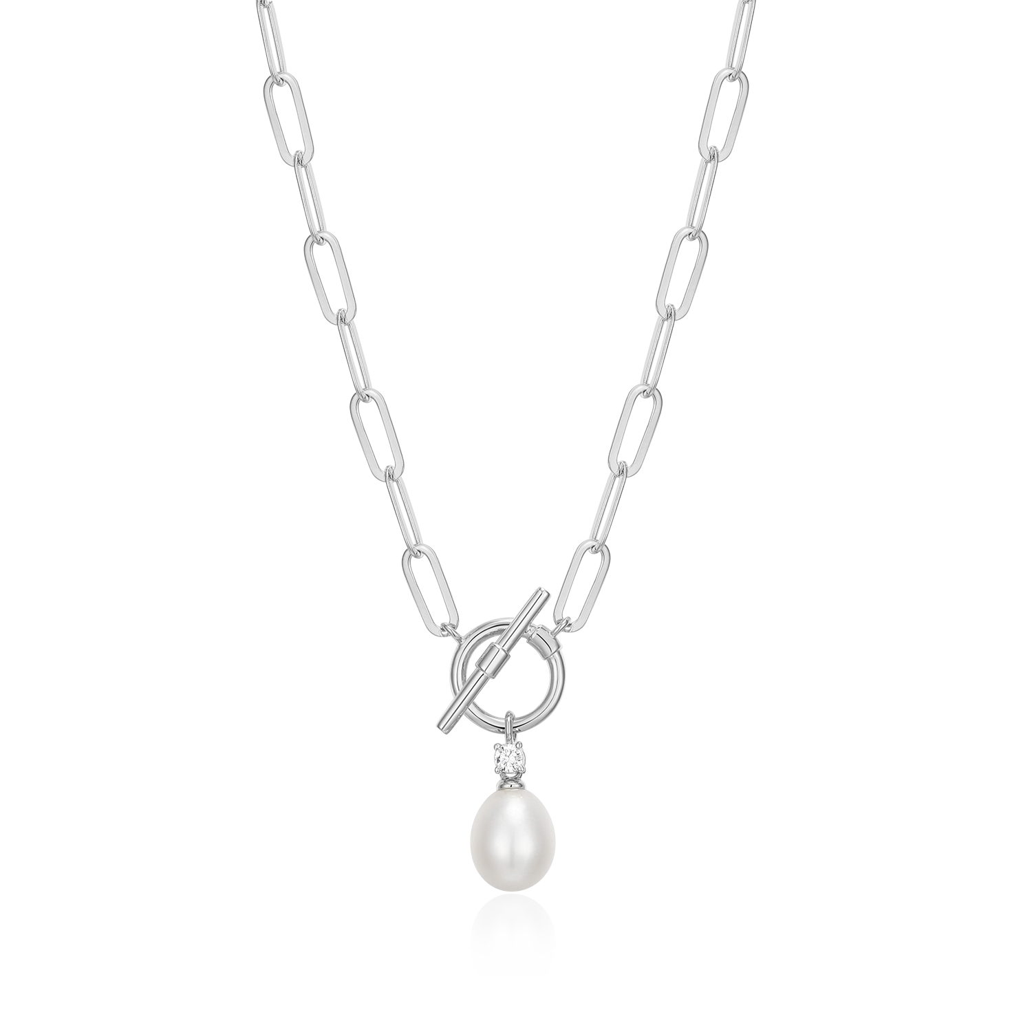 BN0233W - Freshwater Pearl & Lab-Created Diamond Toggle-Look Paperclip Necklace in Rhodium-Plated Sterling Silver