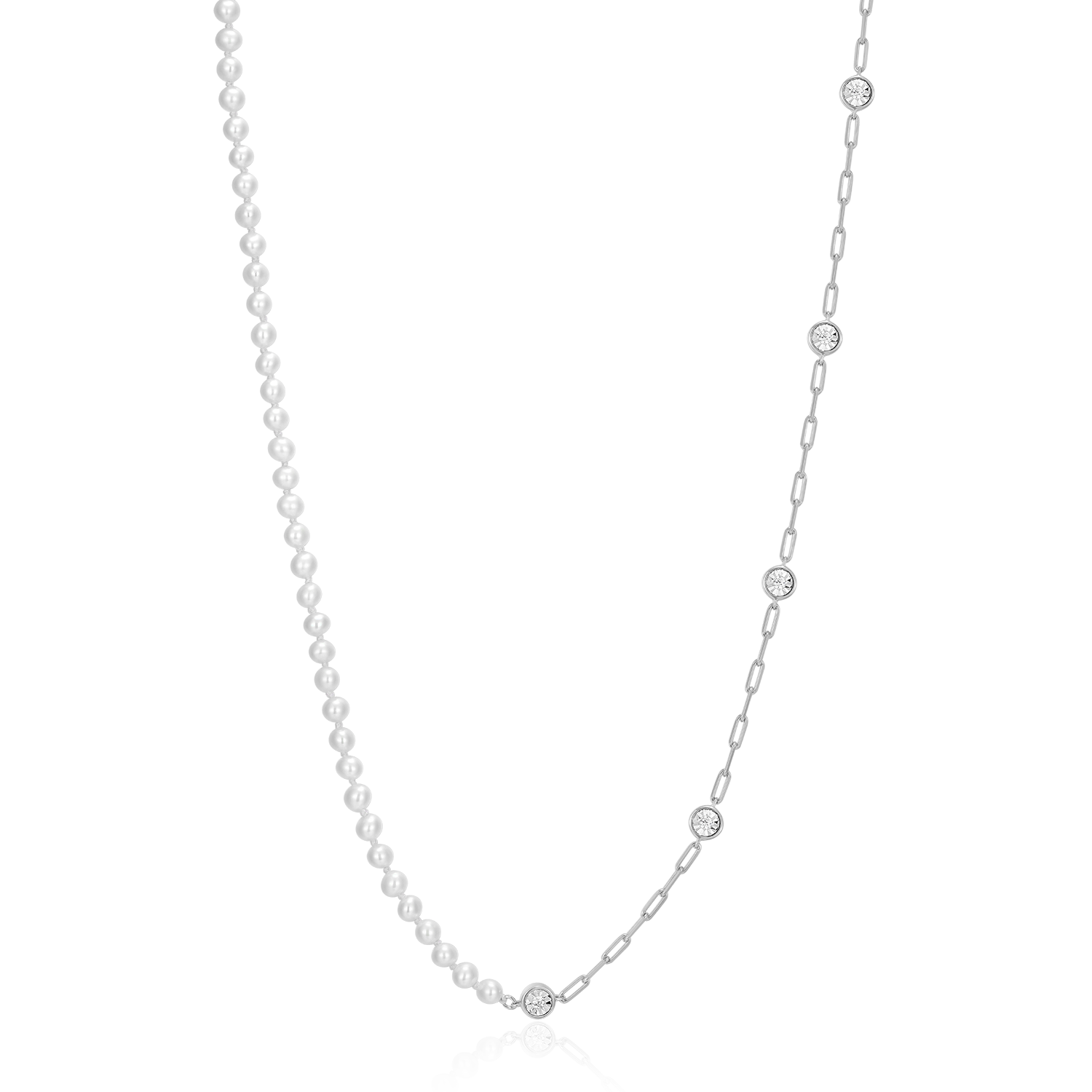 BN0235W - Freshwater Baby Pearl & Lab-Created Diamond Station Paperclip Necklace in Rhodium-Plated Sterling Silver