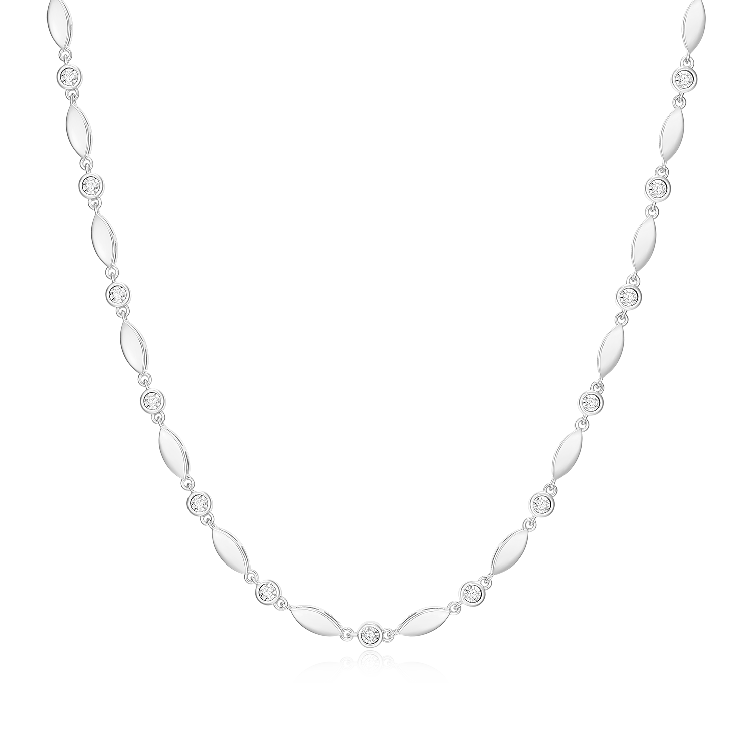 BN0236W - Marquise & Bezel Set Lab-Created Diamond Line Necklace in Rhodium-Plated Sterling Silver