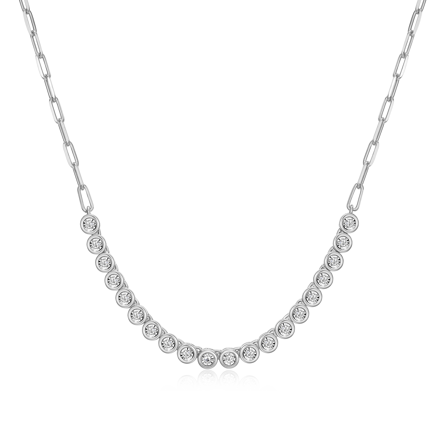 BN0239W - Mini Paperclip Chain & Bezel-Set Lab-Created Diamond Necklace in Rhodium-Plated Sterling Silver