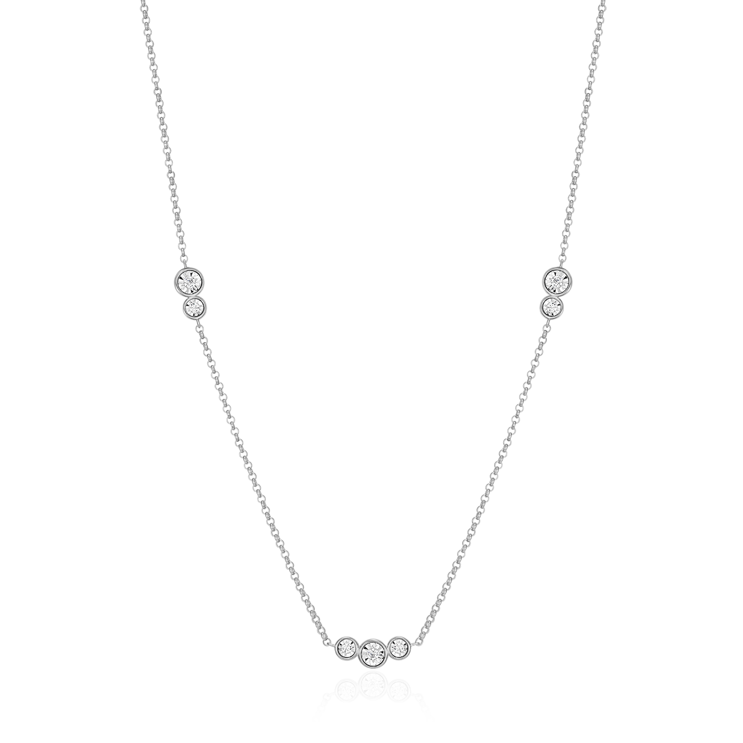 BN0220W - Trio Bezel-Set Lab-Created Diamond Station Bolo Necklace in Rhodium-Plated Sterling Silver