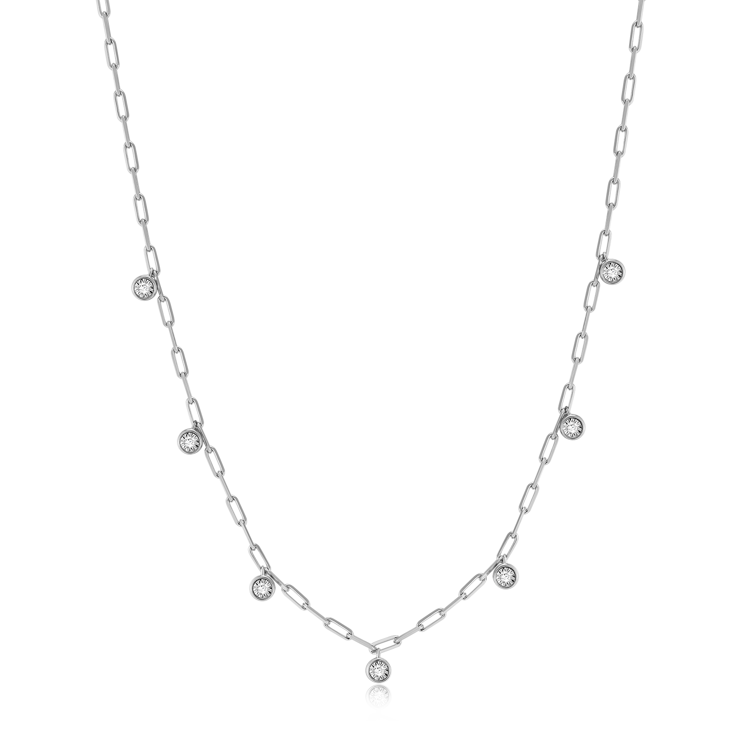 BN0217W - Dangle Station Lab-Created Diamond Mini Paperclip Necklace in Rhodium-Plated Sterling Silver