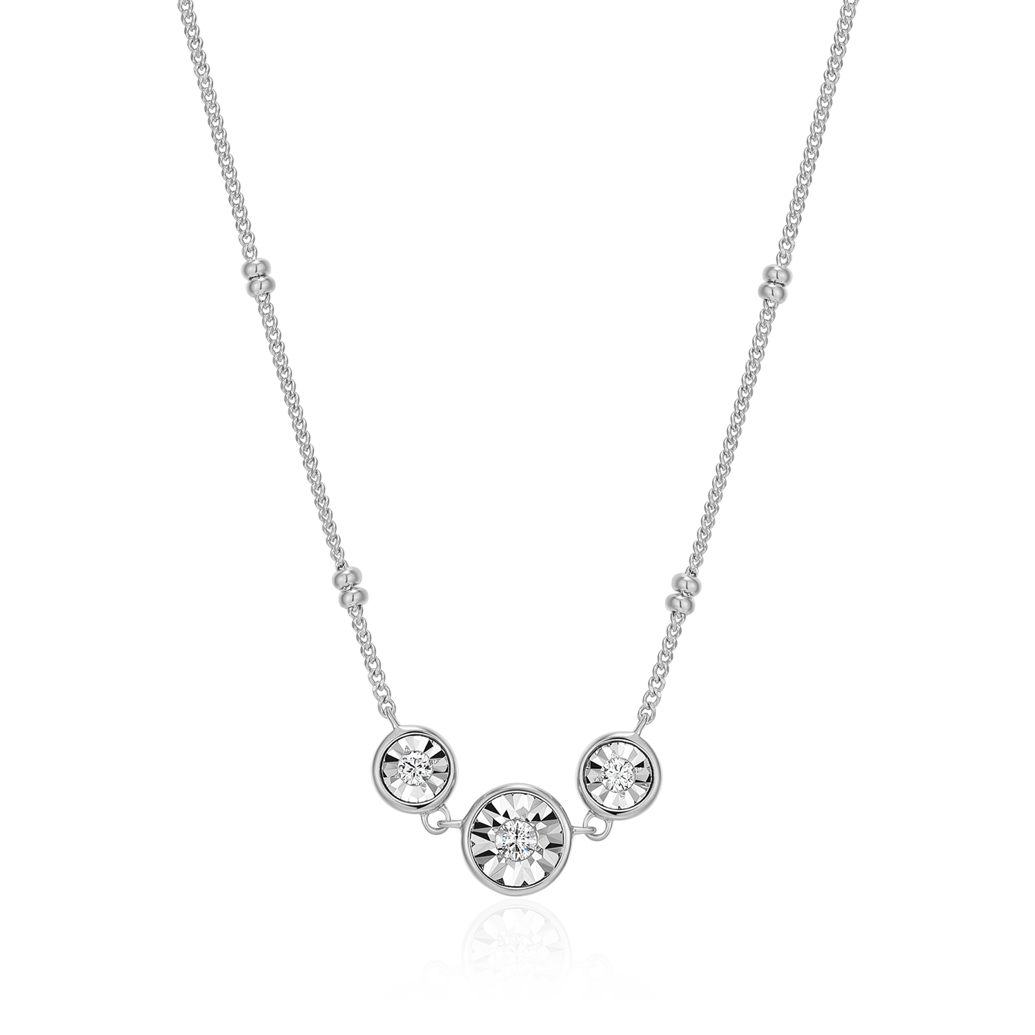 BN0219W - Trio Bezel-Set Lab-Created Diamond Beaded Bolo Necklace in Rhodium-Plated Sterling Silver