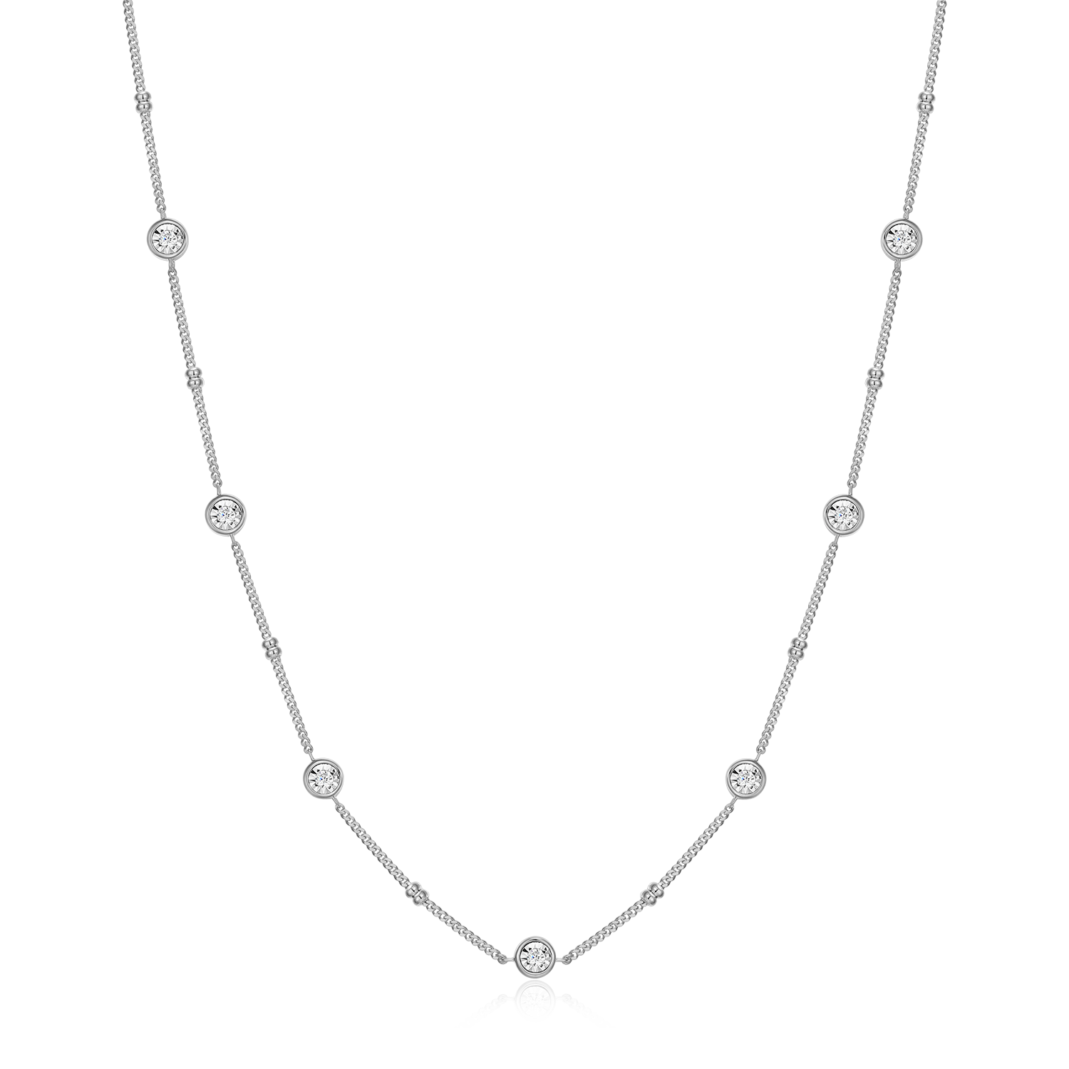 BN0218W - Bezel Station Lab-Created Diamond Beaded Bolo Necklace in Rhodium-Plated Sterling Silver
