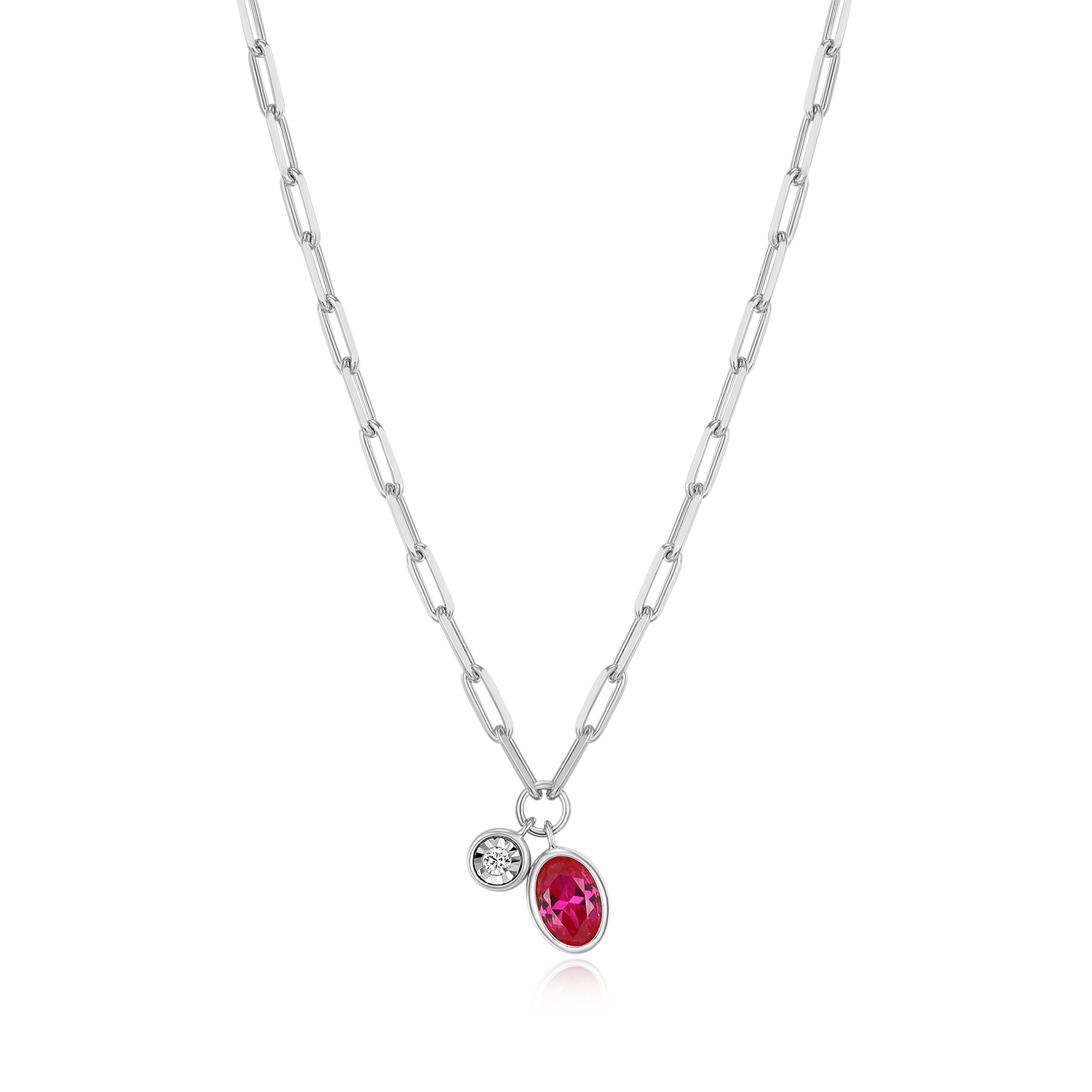 BN0227W - July Birthstone Lab-Created Ruby & Lab-Created Diamond Mini Paperclip Necklace in Rhodium-Plated Sterling Silver